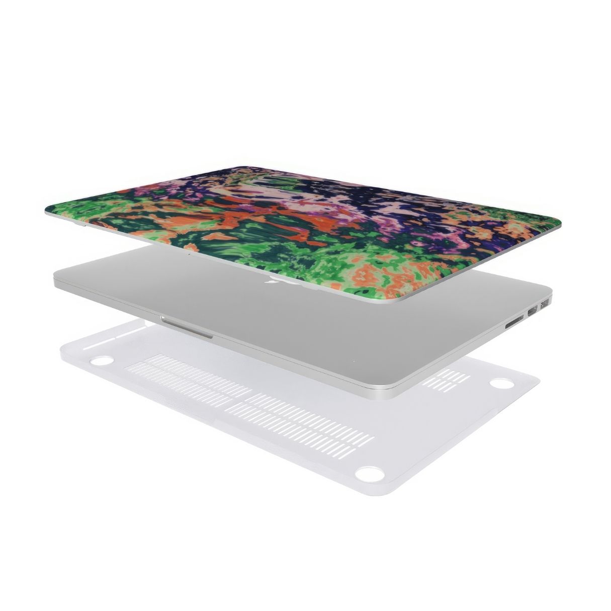 MacBook case with a bold vivid pattern Vincet in marble abstract and artistic style, featuring an elegant and expressive aesthetic design. Main colors are purple, orange and green. Extend view.