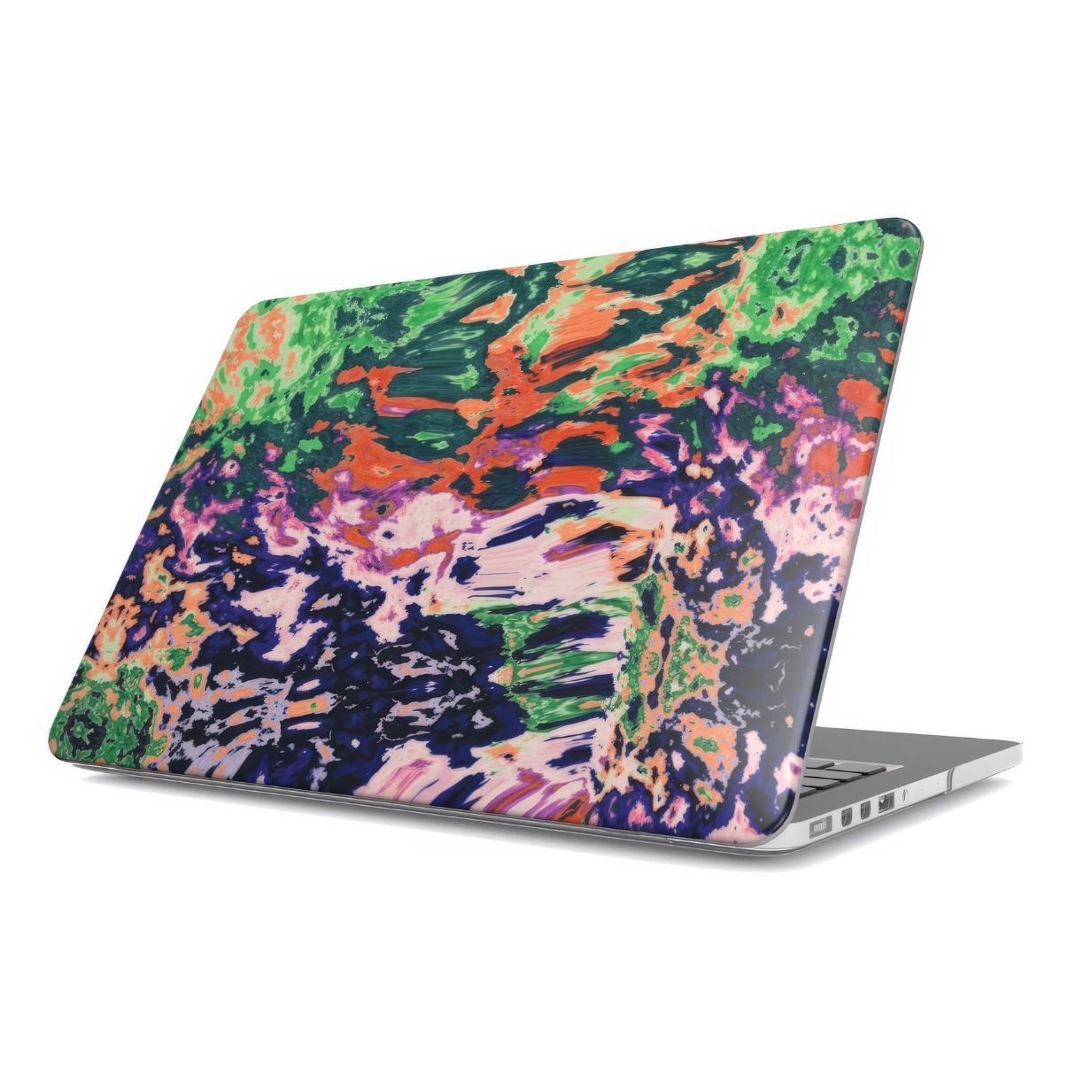 MacBook case with a bold vivid pattern Vincet in marble abstract and artistic style, featuring an elegant and expressive aesthetic design. Main colors are purple, orange and green. Side open view.