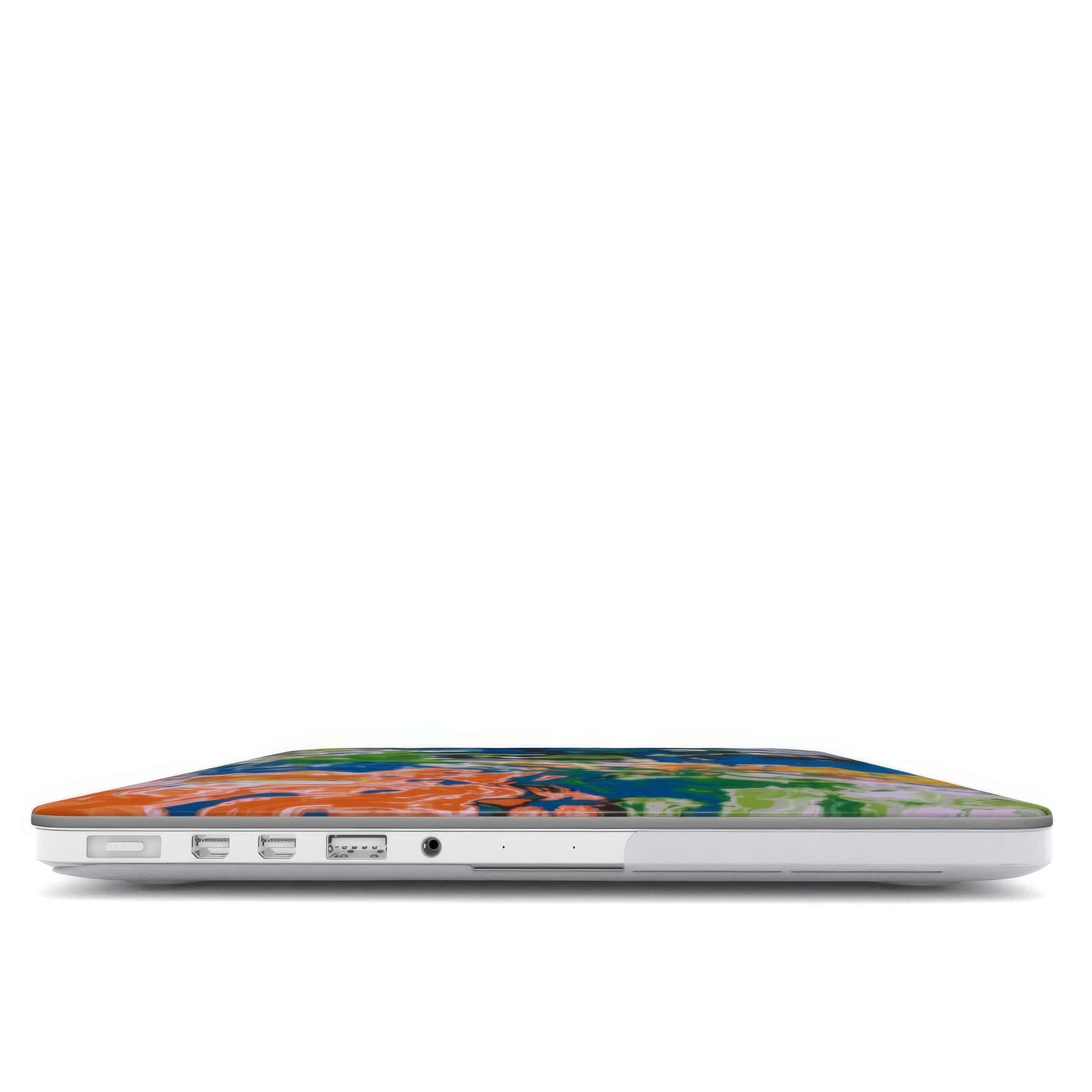 MacBook case with a bold vivid pattern in marble abstract and artistic style, featuring an elegant and expressive aesthetic design. Main colors are blue, green and yellow with slight orange. Closed view.