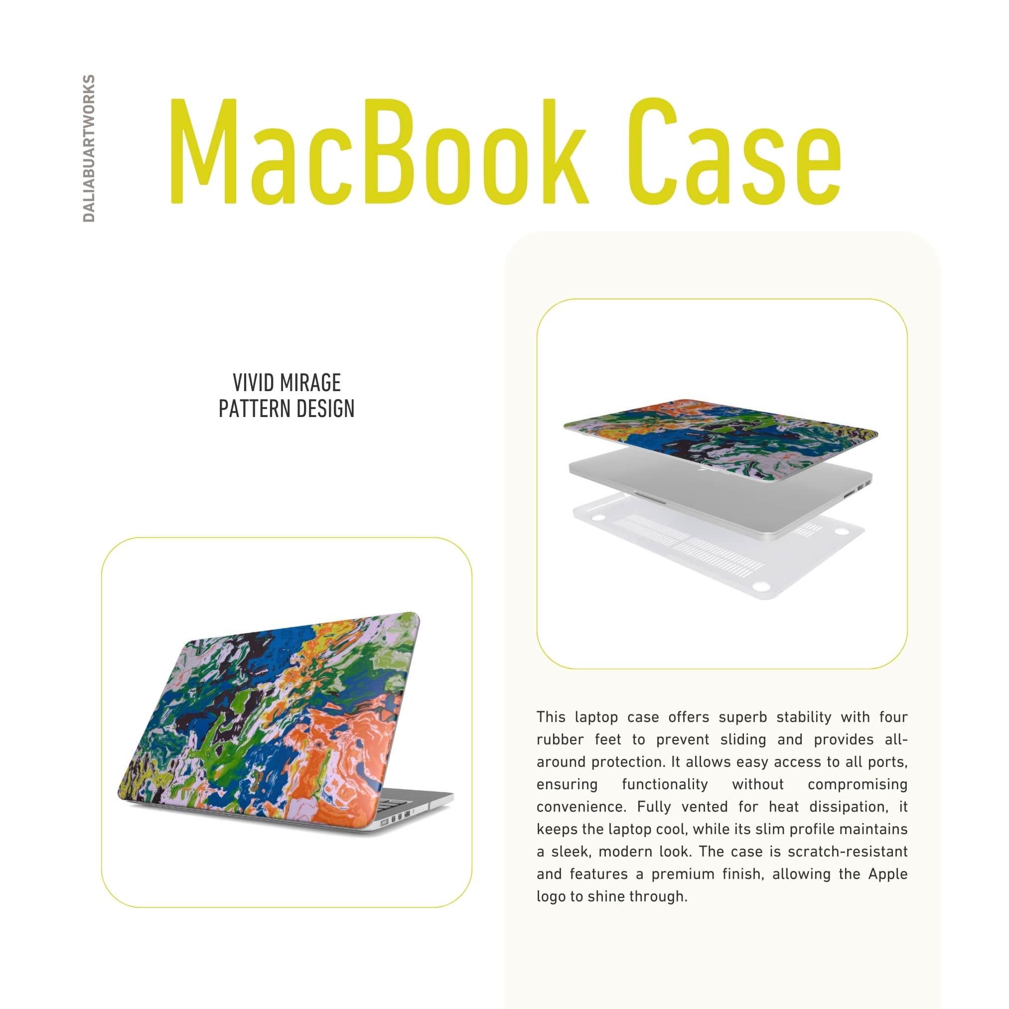 MacBook case with a bold vivid pattern in marble abstract and artistic style, featuring an elegant and expressive aesthetic design. Main colors are blue, green and yellow with slight orange. Front view. Description about ventilation features.