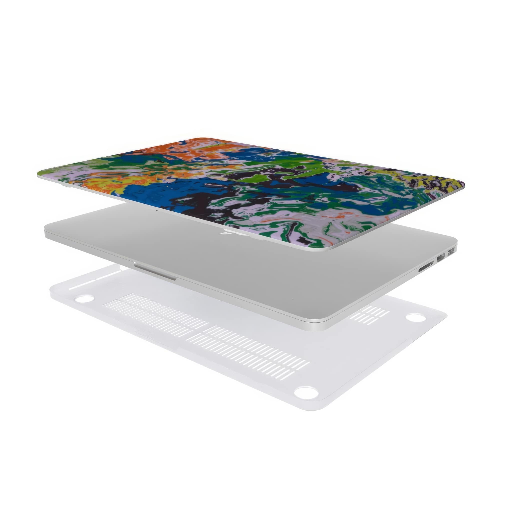MacBook case with a bold vivid pattern in marble abstract and artistic style, featuring an elegant and expressive aesthetic design. Main colors are blue, green and yellow with slight orange. Extend view.