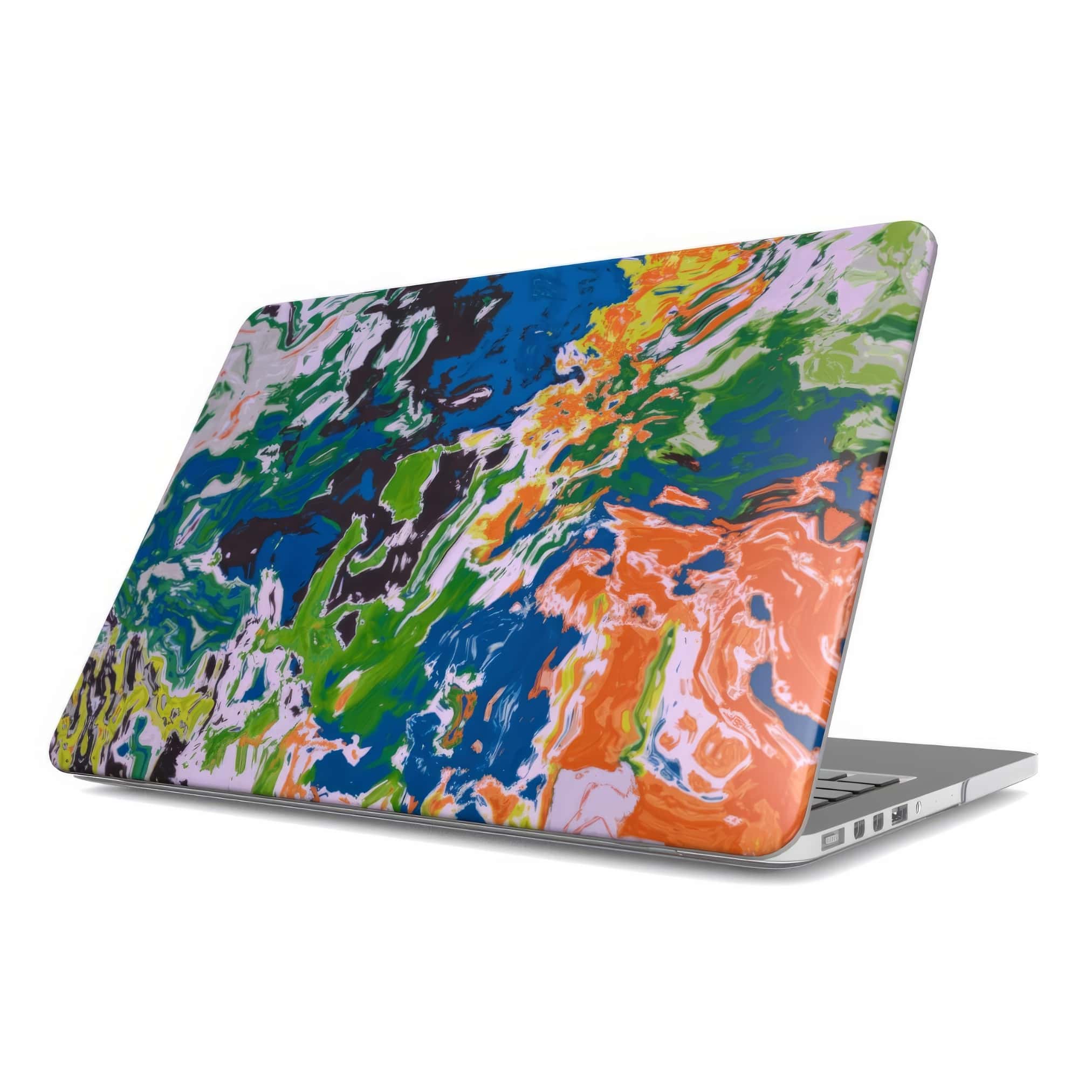 MacBook case with a bold vivid pattern in marble abstract and artistic style, featuring an elegant and expressive aesthetic design. Main colors are blue, green and yellow with slight orange. Front view.