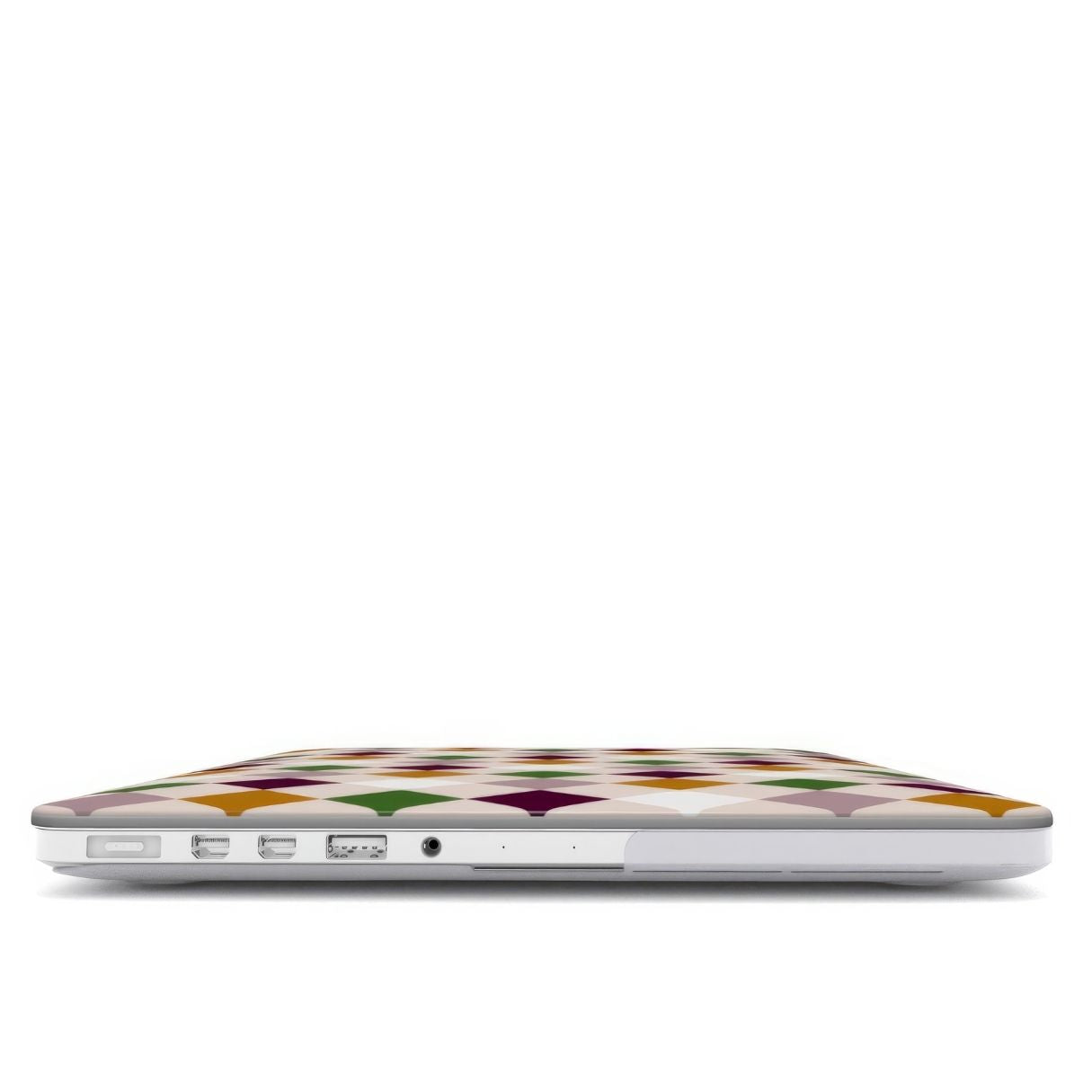 MacBook case Wonder Chess pattern design with a dynamic geometric symmetry in chess style, featuring an elegant and expressive aesthetic design. Main colors are sugar brown, green, deep cherry and pink. Closed view.