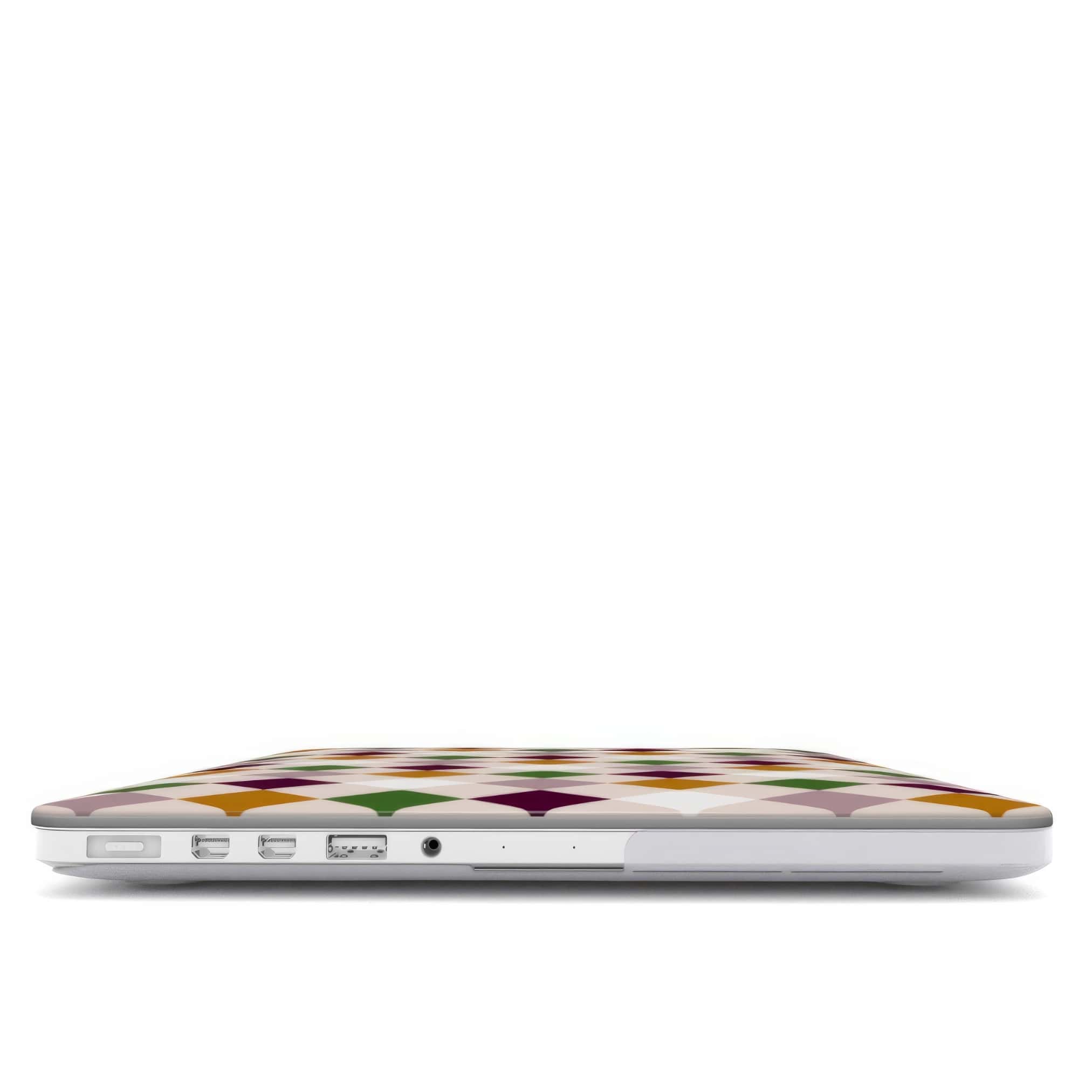MacBook case Wonder Chess pattern design with a dynamic geometric symmetry in chess style, featuring an elegant and expressive aesthetic design. Main colors are sugar brown, green, deep cherry and pink. Closed view.