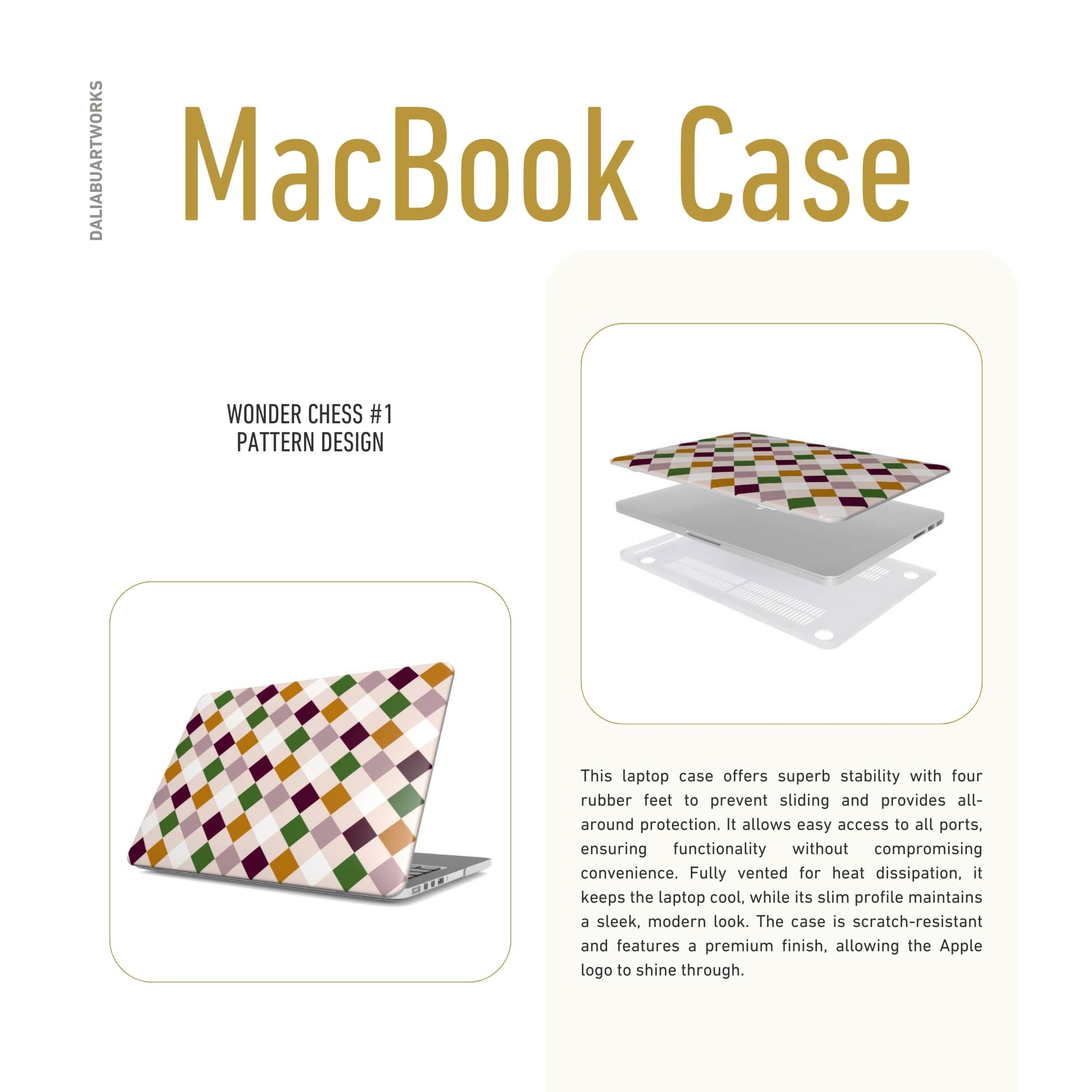 MacBook case Wonder Chess pattern design with a dynamic geometric symmetry in chess style, featuring an elegant and expressive aesthetic design. Main colors are sugar brown, green, deep cherry and pink. Details about ventilation features.