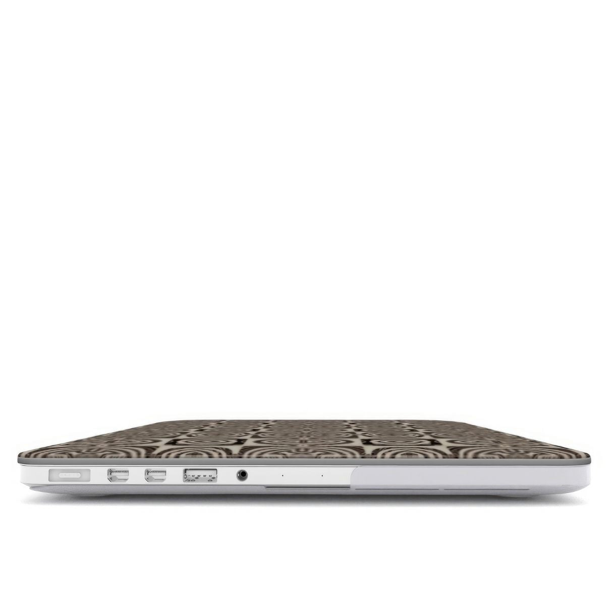 MacBook case closed view; Wooden Snake 1 pattern, ornamental pattern; kaleidoscope pattern imagination. Brown color.