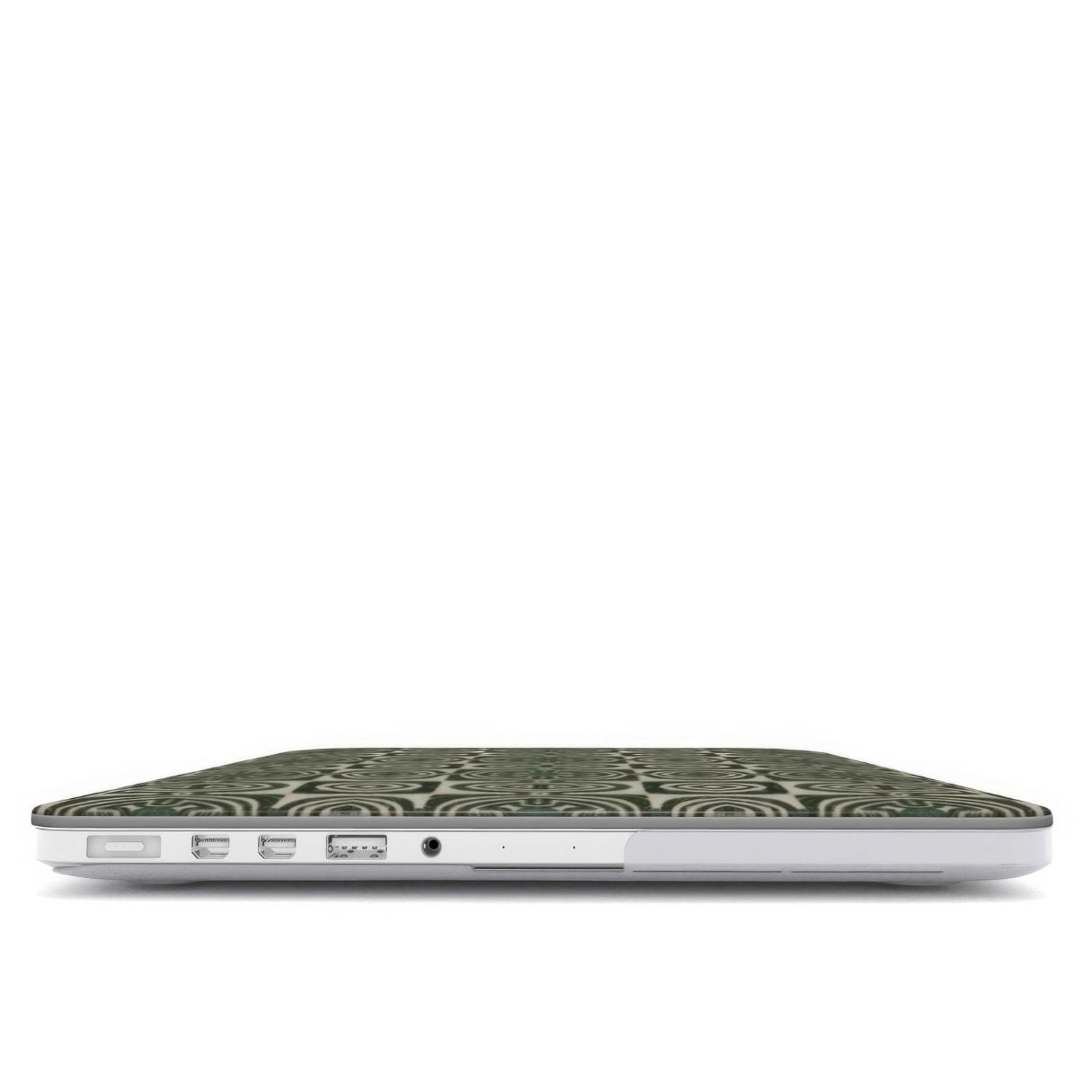 MacBook case closed view; Wooden Snake 2 pattern, ornamental pattern; kaleidoscope pattern imagination. Green color.