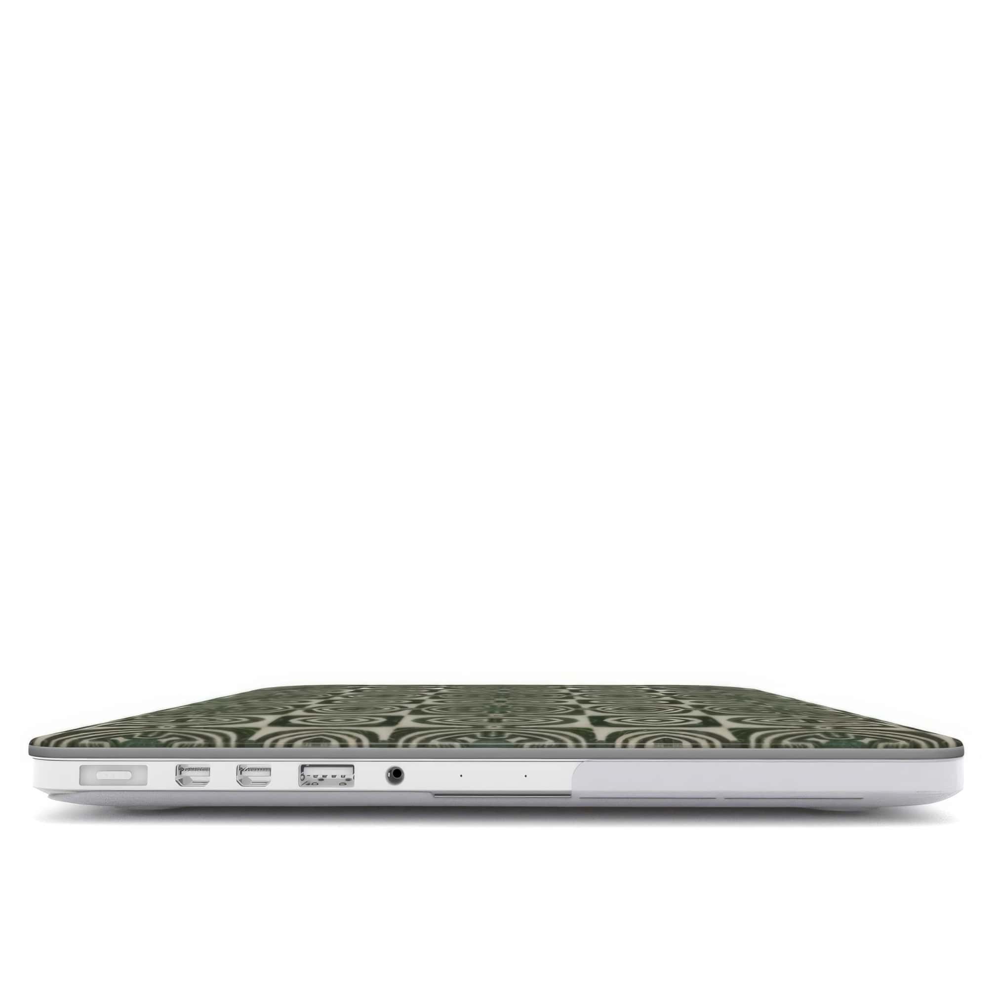 MacBook case closed view; wooden snake 2 pattern, ornamental pattern; kaleidoscope pattern imagination. Green color.