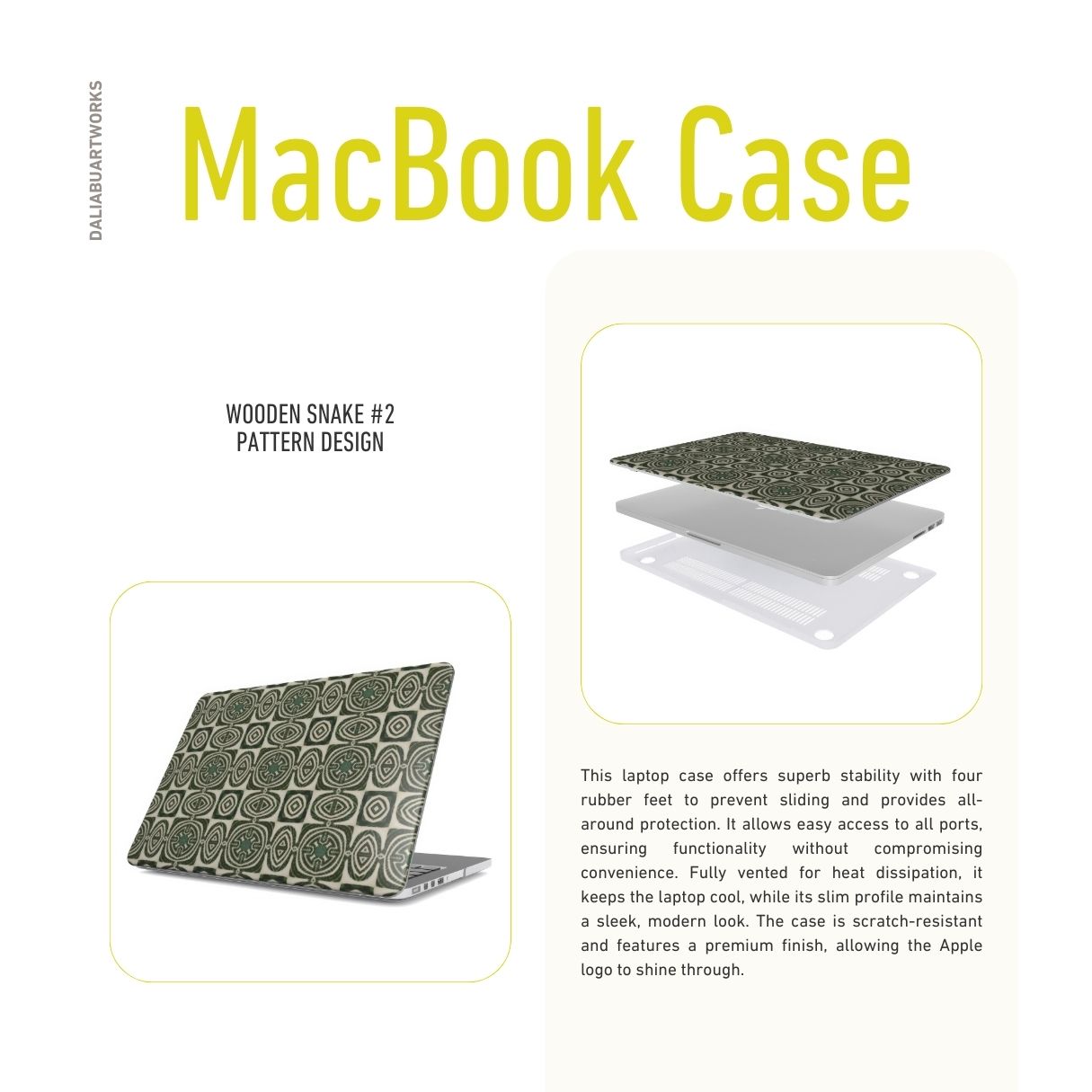 MacBook case side view; Wooden Snake 2 pattern, ornamental pattern; kaleidoscope pattern imagination. Green color. Laptop cover ventilation features.