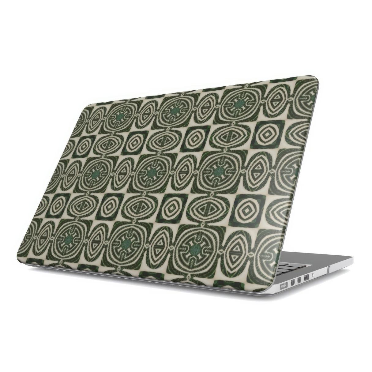 MacBook case side view; Wooden Snake 2 pattern, ornamental pattern; kaleidoscope pattern imagination. Green color.