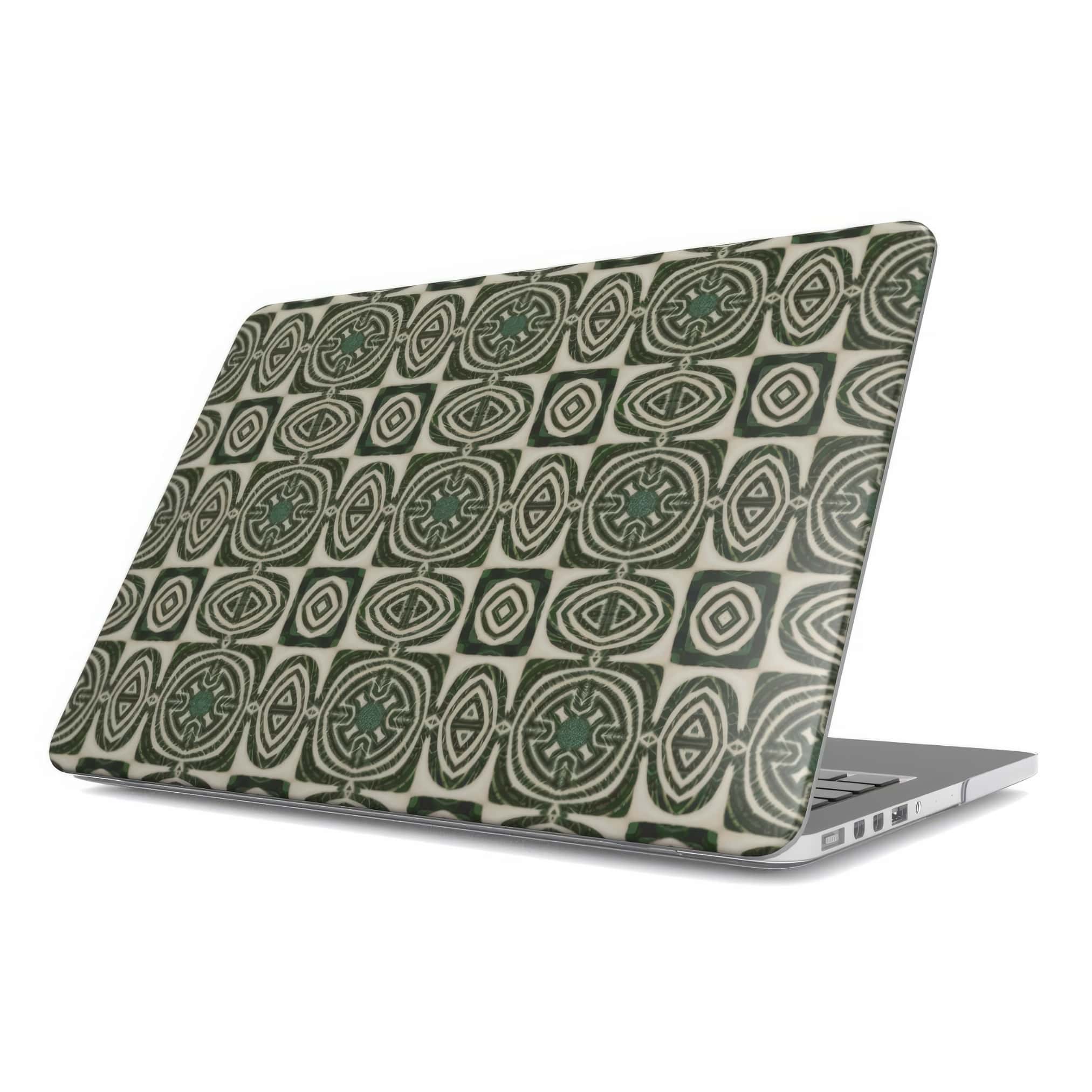 MacBook case side view; wooden snake 2 pattern, ornamental pattern; kaleidoscope pattern imagination. Green color.