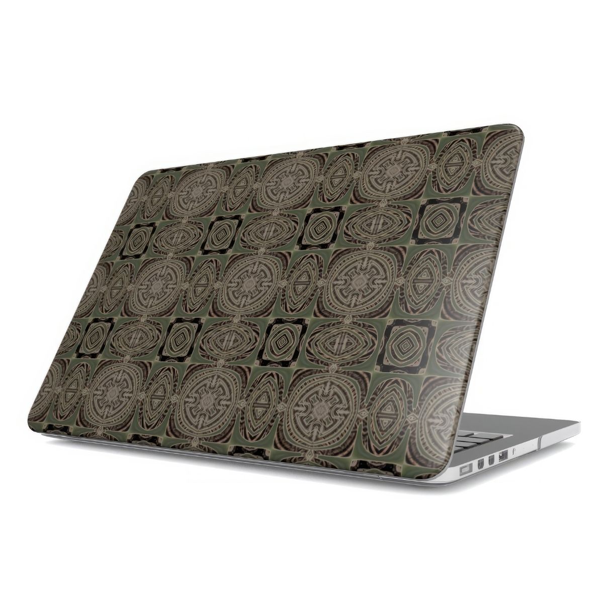 MacBook case side view; Wooden Snake 3 pattern, ornamental pattern; kaleidoscope pattern imagination. Green color. Bold expressive aesthetic design. Colorful and interior fit.