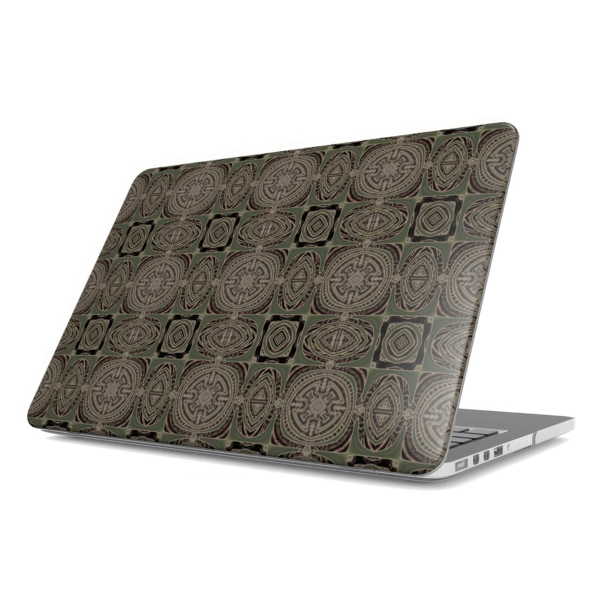 MacBook case side view; wooden snake 3 pattern, ornamental pattern; kaleidoscope pattern imagination. Green color. Bold expressive aesthetic design. Colorful and interior fit.