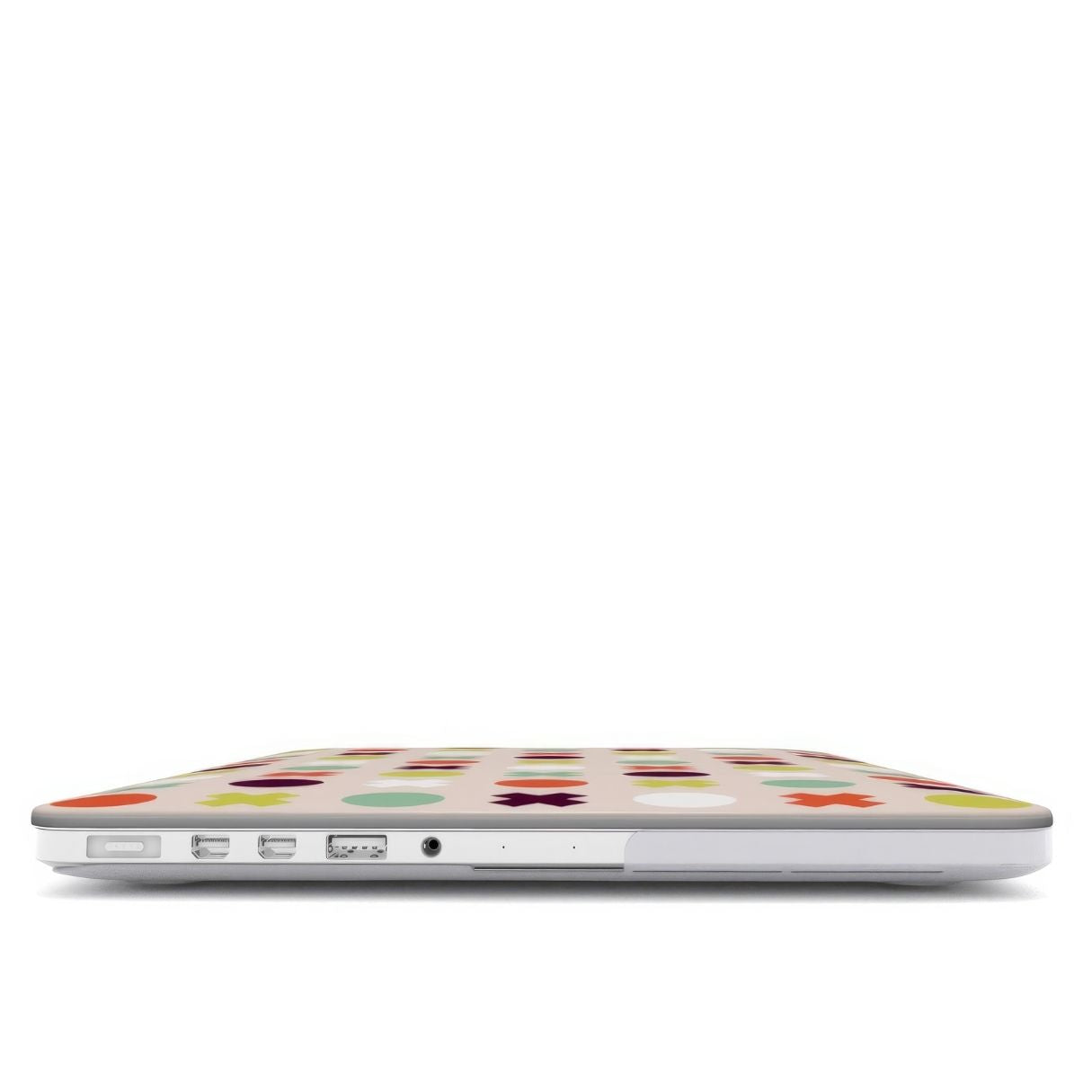 MacBook case XOXO pattern design with a circles and cross modern style, featuring an elegant and expressive aesthetic design. Main colors are orange red, purple, yellow and mint. Closed view.