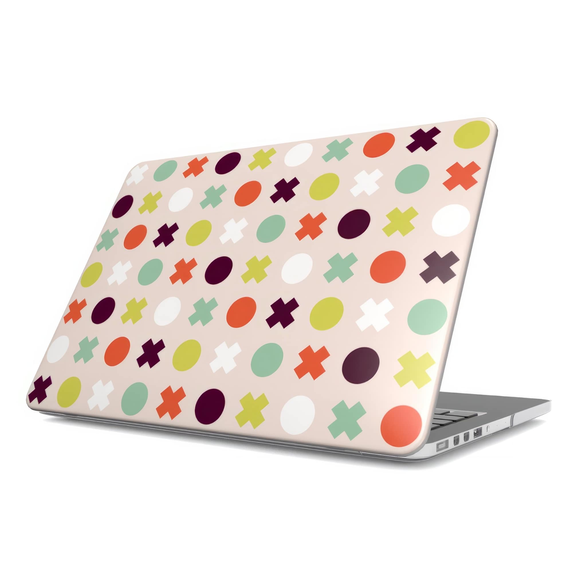 MacBook case XOXO pattern design with a circles and cross modern style, featuring an elegant and expressive aesthetic design. Main colors are orange red, purple, yellow and mint. Side view.