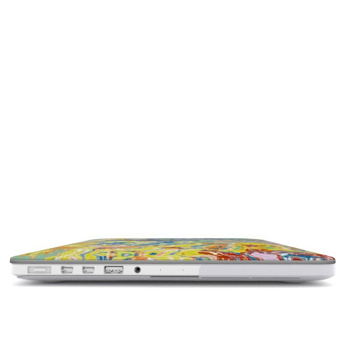 MacBook case with a bold vivid pattern Yell Ow abstract and artistic style, featuring an elegant and expressive aesthetic design. Main colors are yellow and blue. Closed view.