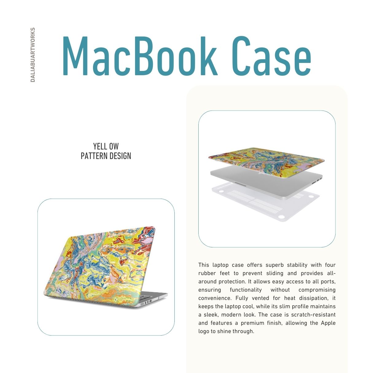 MacBook case with a bold vivid pattern Yell Ow abstract and artistic style, featuring an elegant and expressive aesthetic design. Main colors are yellow and blue. Description.