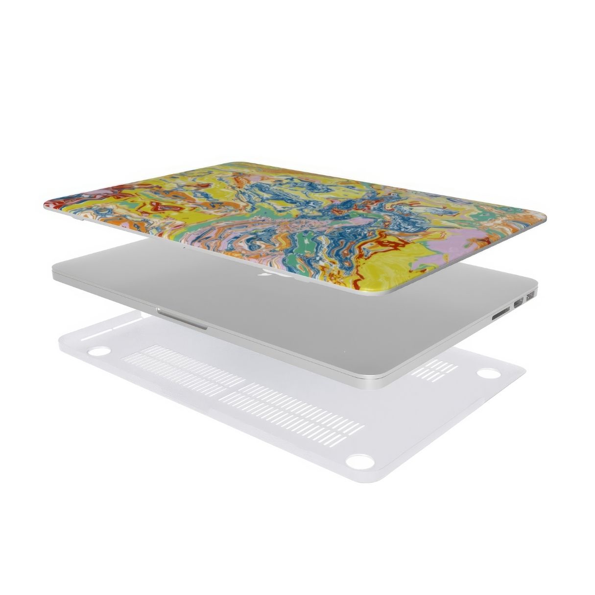 MacBook case with a bold vivid pattern Yell Ow abstract and artistic style, featuring an elegant and expressive aesthetic design. Main colors are yellow and blue. Extend view.