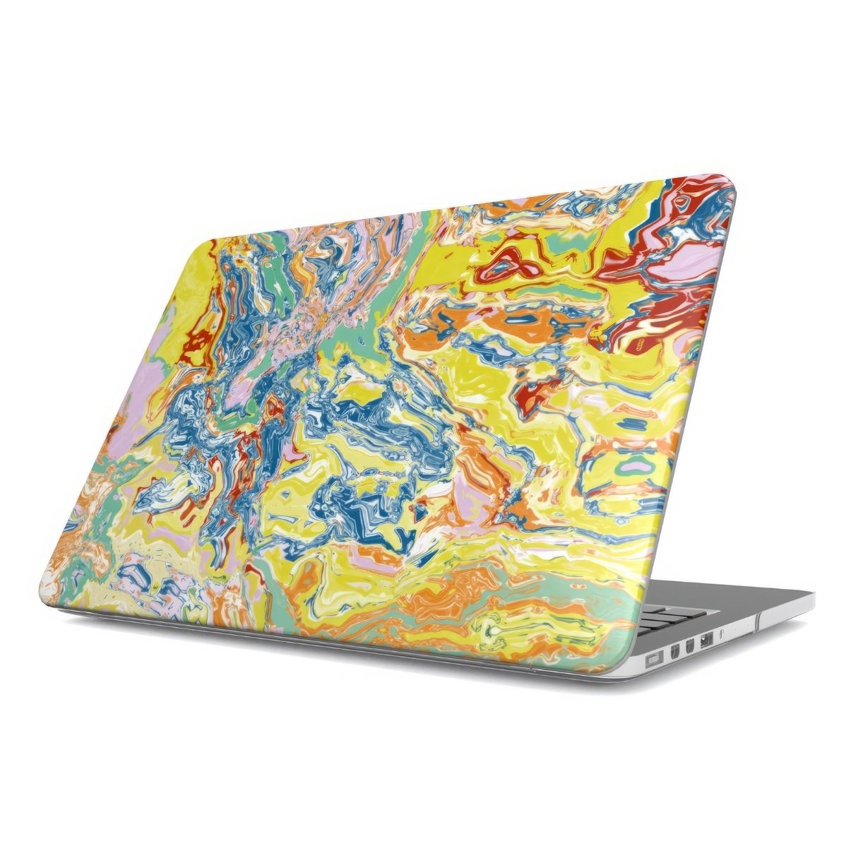 MacBook case with a bold vivid pattern Yell Ow abstract and artistic style, featuring an elegant and expressive aesthetic design. Main colors are yellow and blue. Side view.