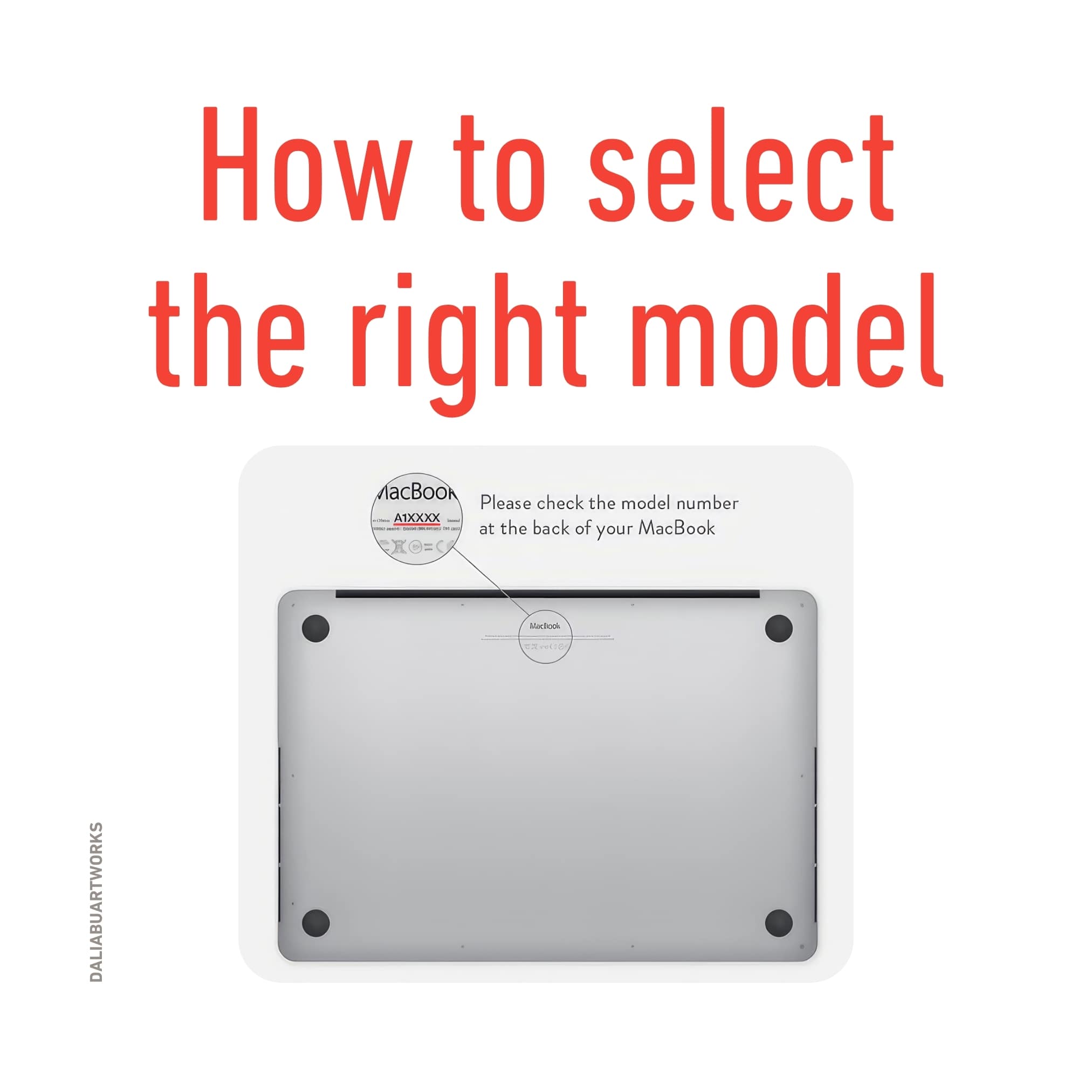 Macbook back view. Details how to select correct laptop case according to device model type.