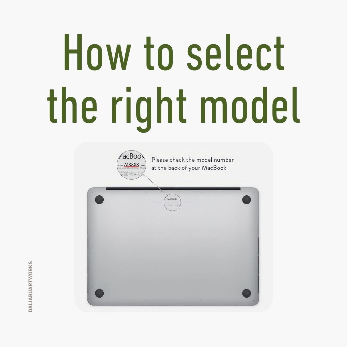 Details how to select correct case type according to MacBook model number on the back side of the device.