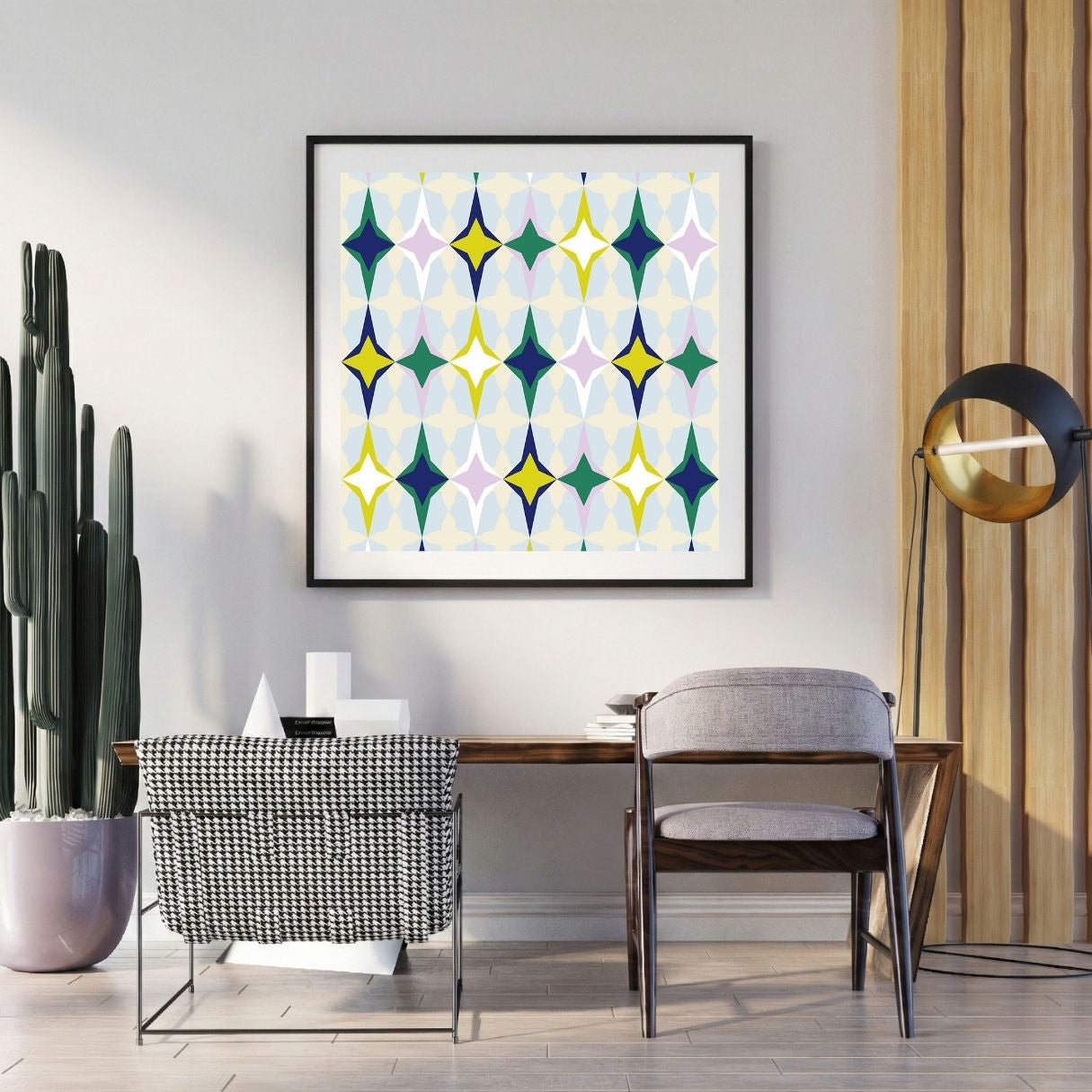 Modern office space with a geometric patterned artwork on the wall.