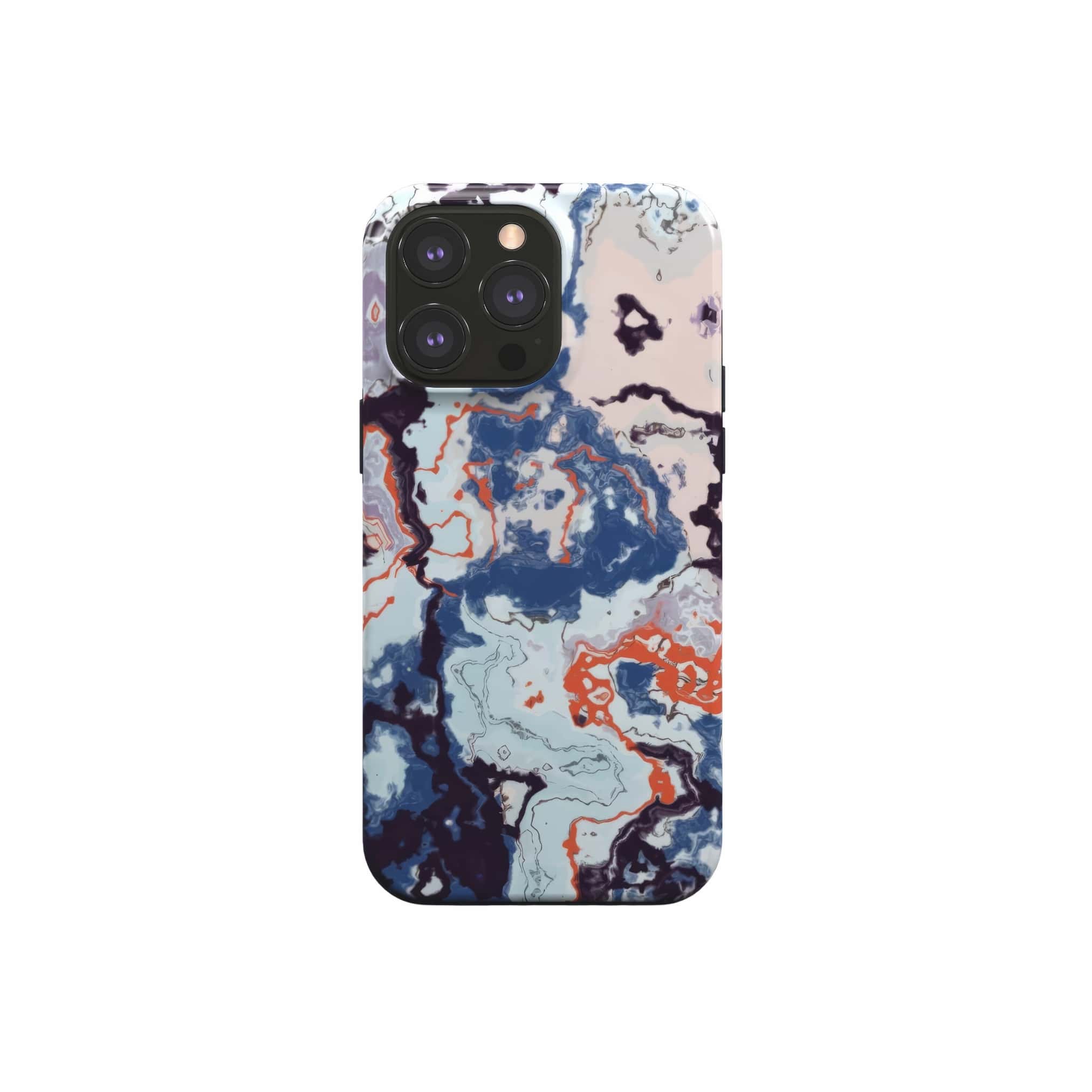 Tough magsafe phone case front view; Blue Marble 1 pattern, artistic, abstract marble pattern. Blue and beige color combination. Bold expressive aesthetic design. Colorful and interior fit. Elegant.