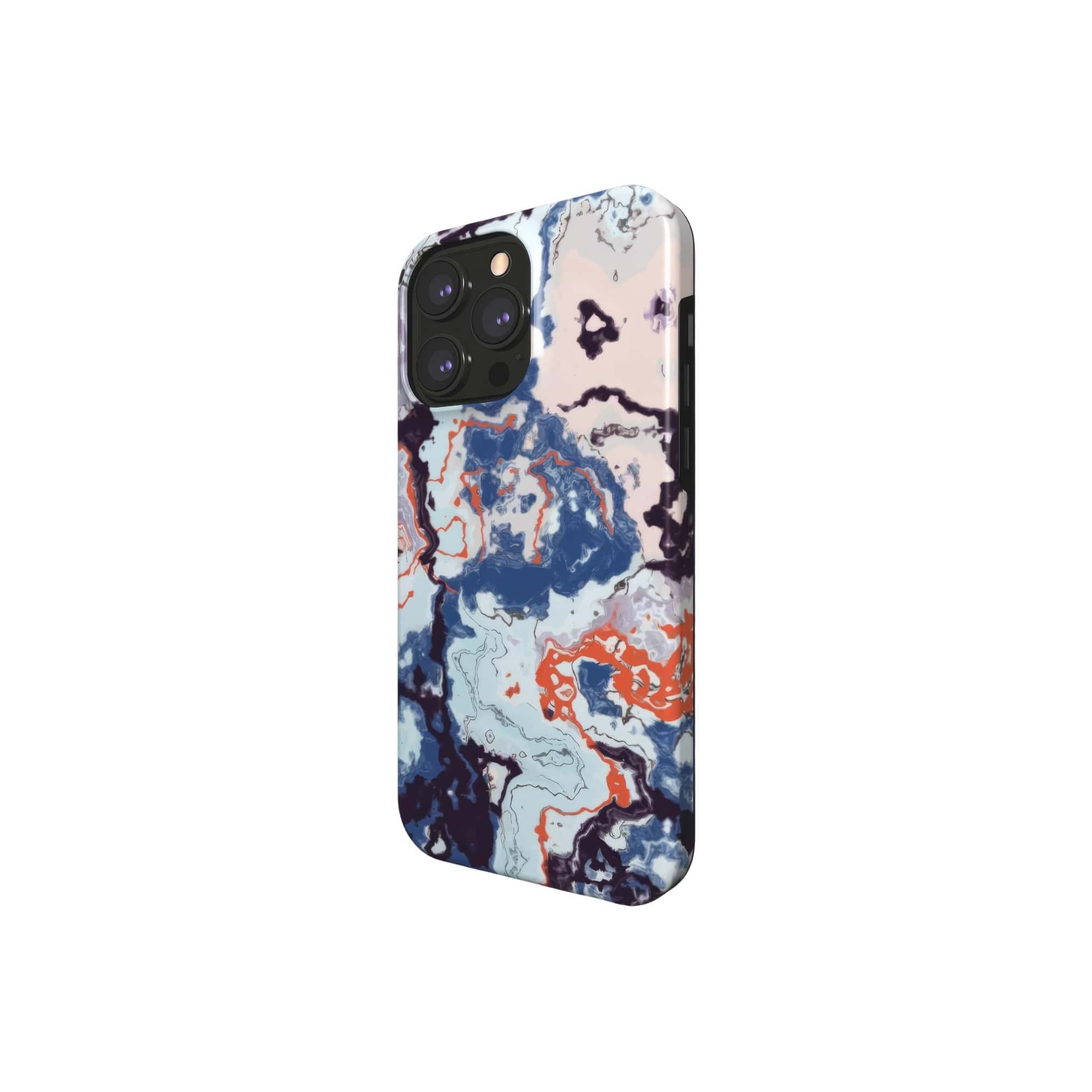 Tough magsafe phone case side view; Blue Marble 1 pattern, artistic, abstract marble pattern. Blue and beige color combination. 