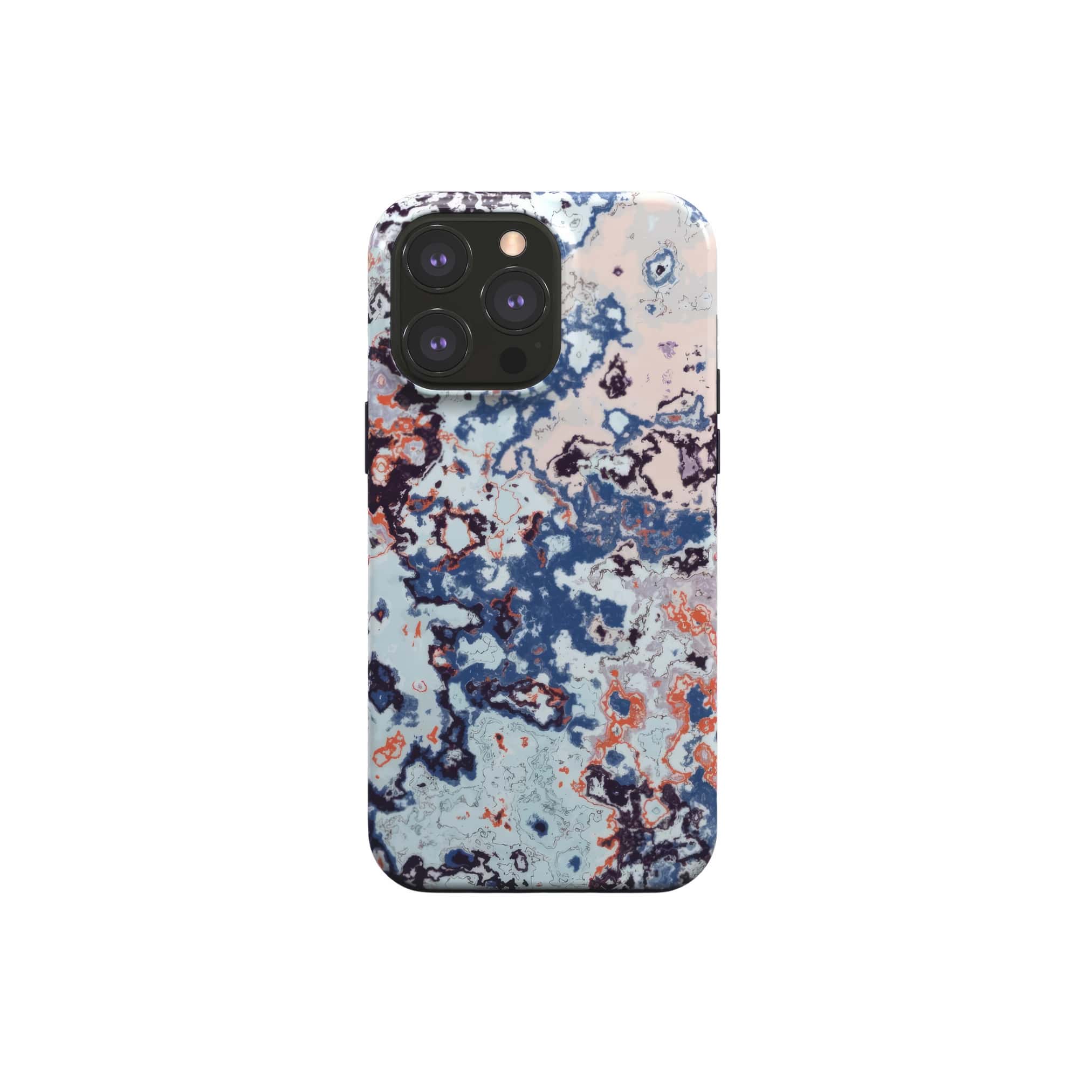 Tough magsafe phone case front view; Blue Marble 2 pattern, artistic, abstract marble pattern. Blue and beige color combination. Bold expressive aesthetic design. Colorful and interior fit. Elegant.