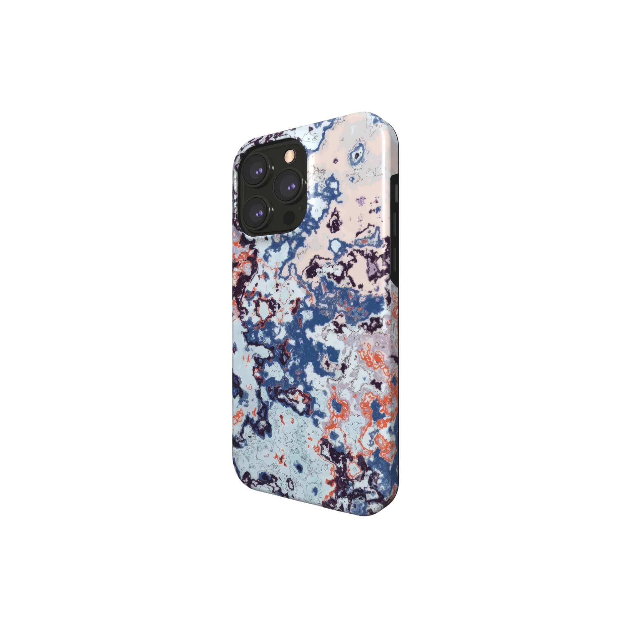 Tough magsafe phone case side view; Blue Marble 2 pattern, artistic, abstract marble pattern. Blue and beige color combination. 