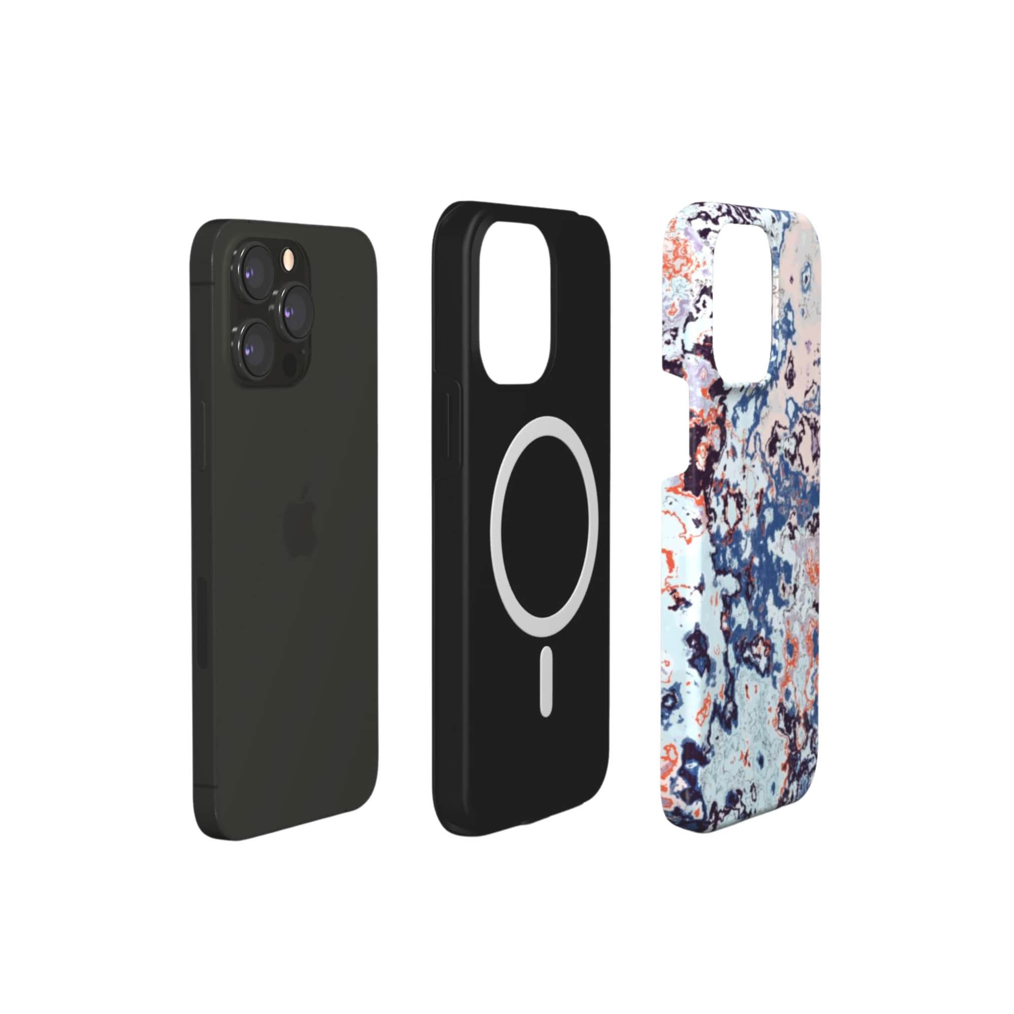 Tough MagSafe phone case extend view; Blue Marble Mist pattern, artistic, abstract marble pattern. Blue and beige color combination. 