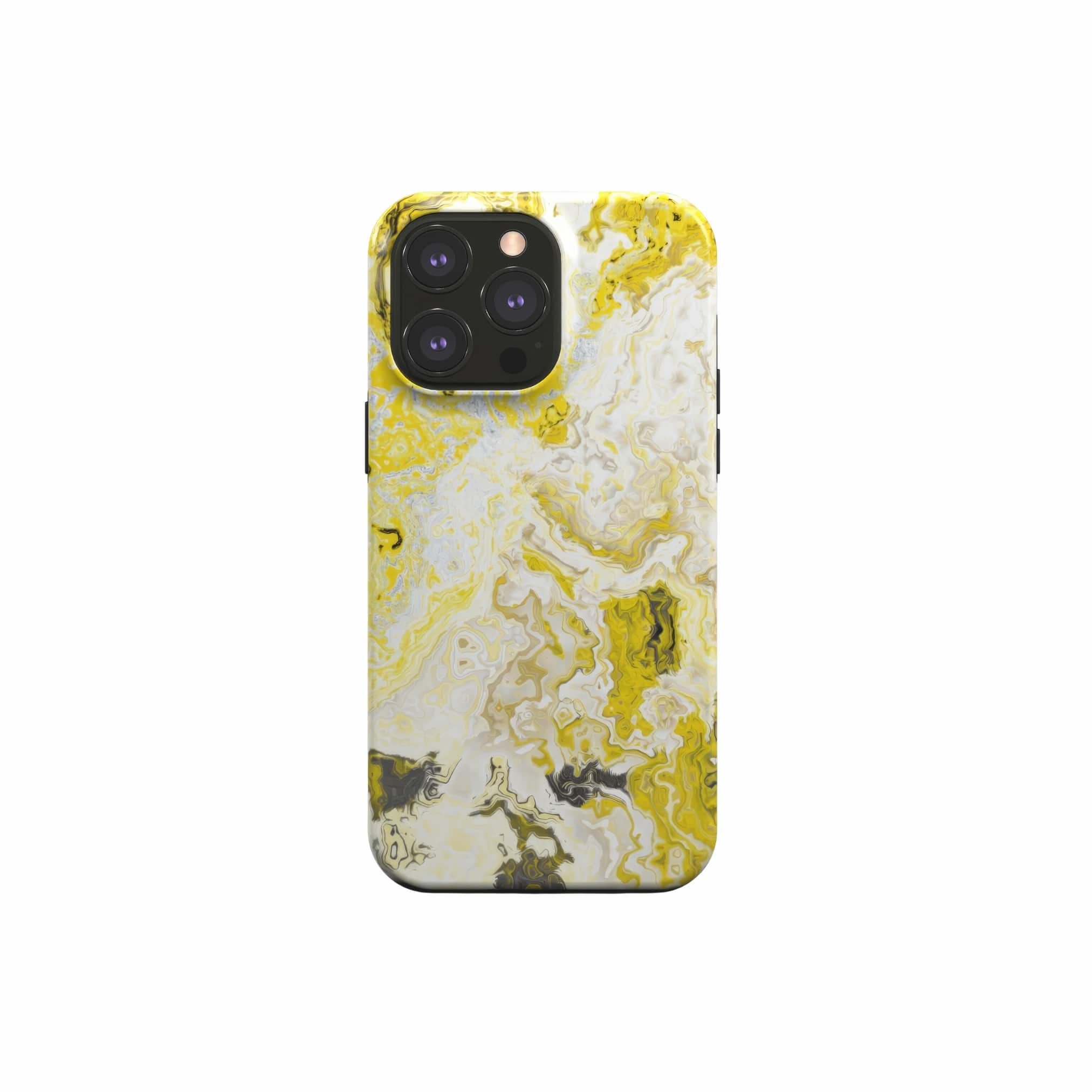Tough magsafe phone case front view; Citron 1 pattern, artistic, abstract marble pattern. Yellow and grey color combination. Bold expressive aesthetic design. Colorful and interior fit. Elegant.