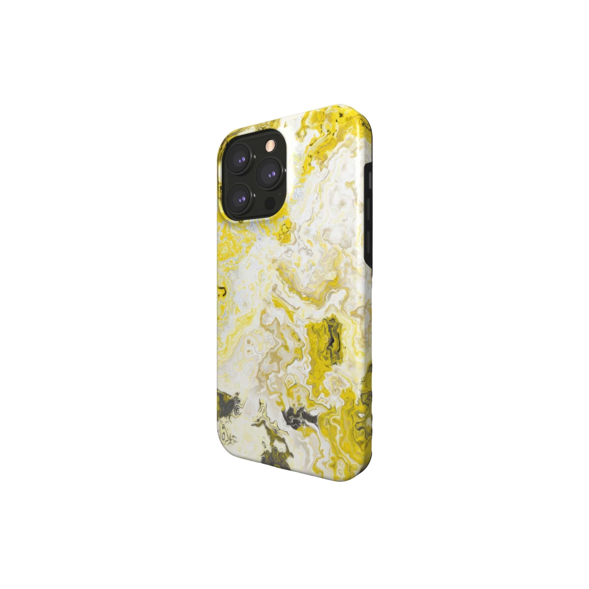 Tough magsafe phone case side view; Citron 1 pattern, artistic, abstract marble pattern. Yellow and grey color combination. 
