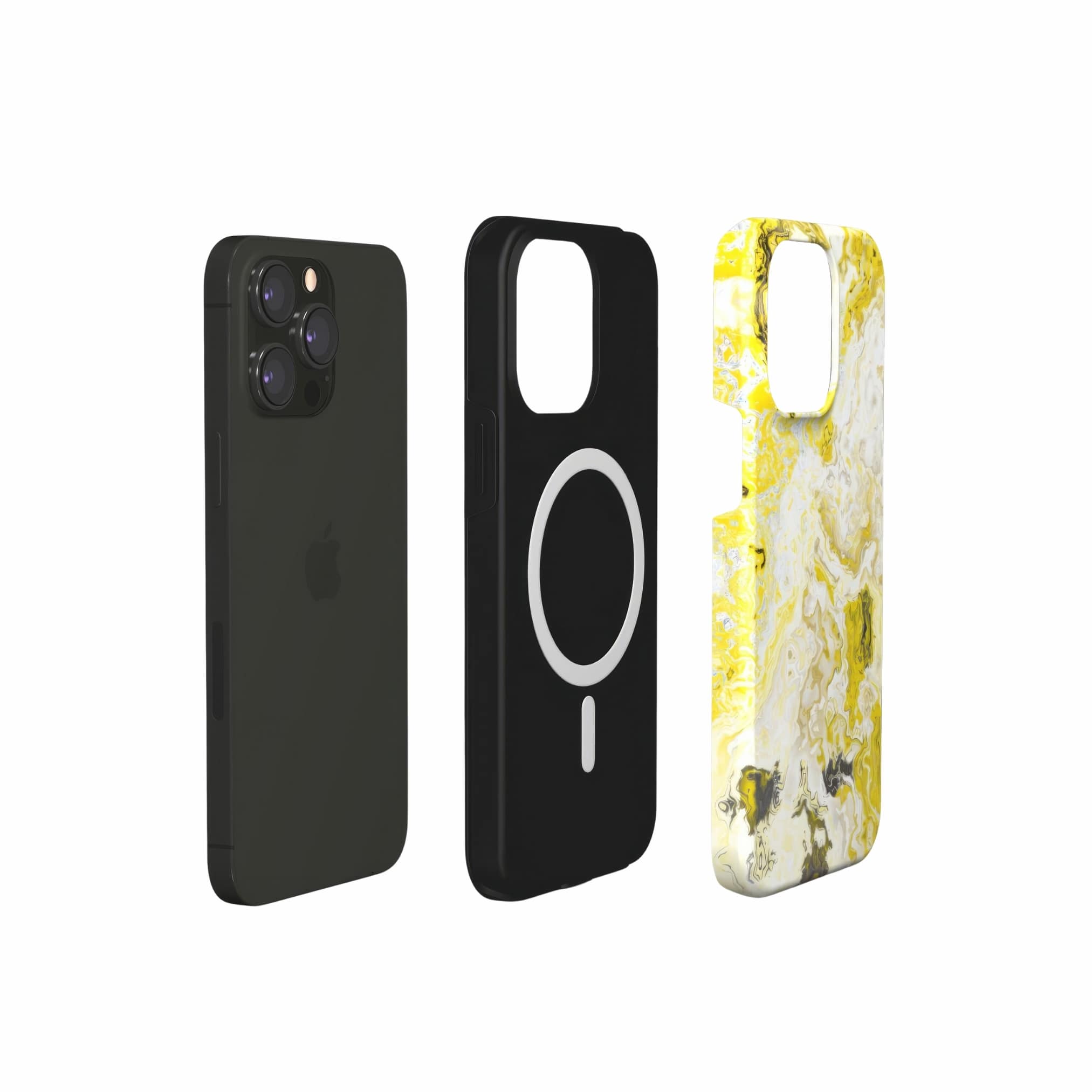 Tough MagSafe phone case extend view; Citron pattern, artistic, abstract marble pattern. Yellow and grey color combination. 