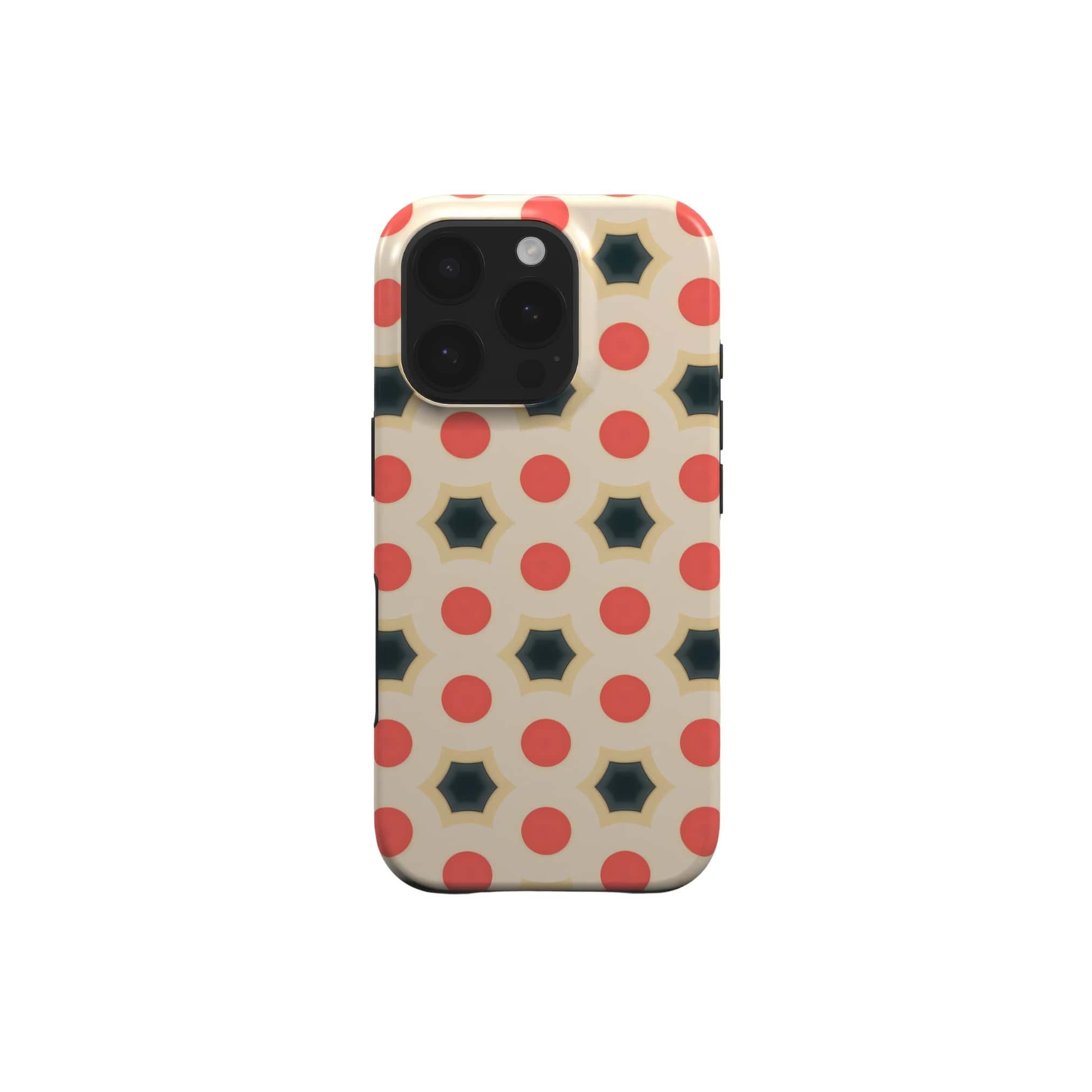 Tough Magsafe phone case front view; clown add 1 pattern, artistic, ornamental kaleidoscope pattern. Red and beige color combination. Bold expressive aesthetic design. Colorful and interior fit. Elegant.