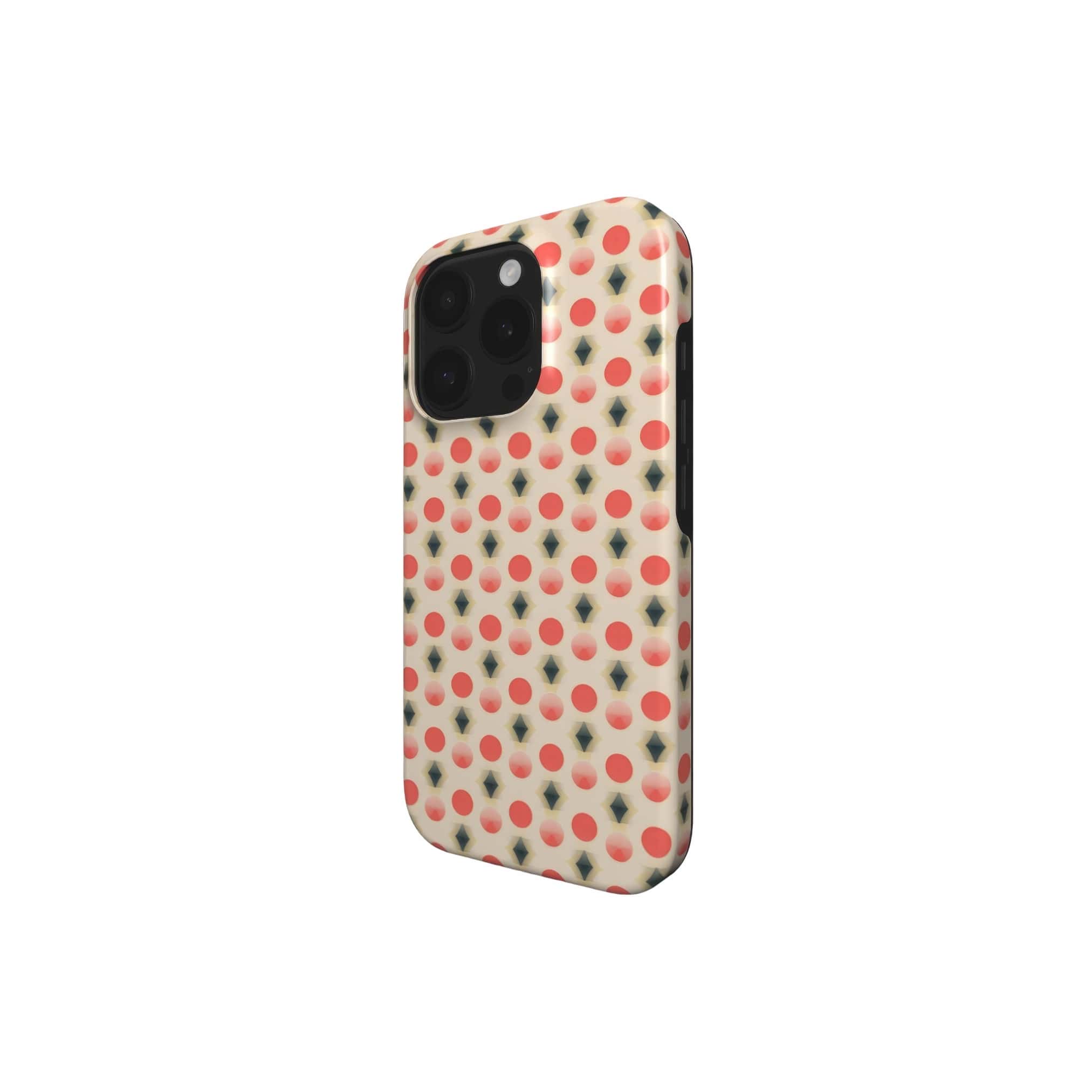 Tough Magsafe phone case side view; clown add 2 pattern, artistic, ornamental kaleidoscope pattern. Red and beige color combination. 