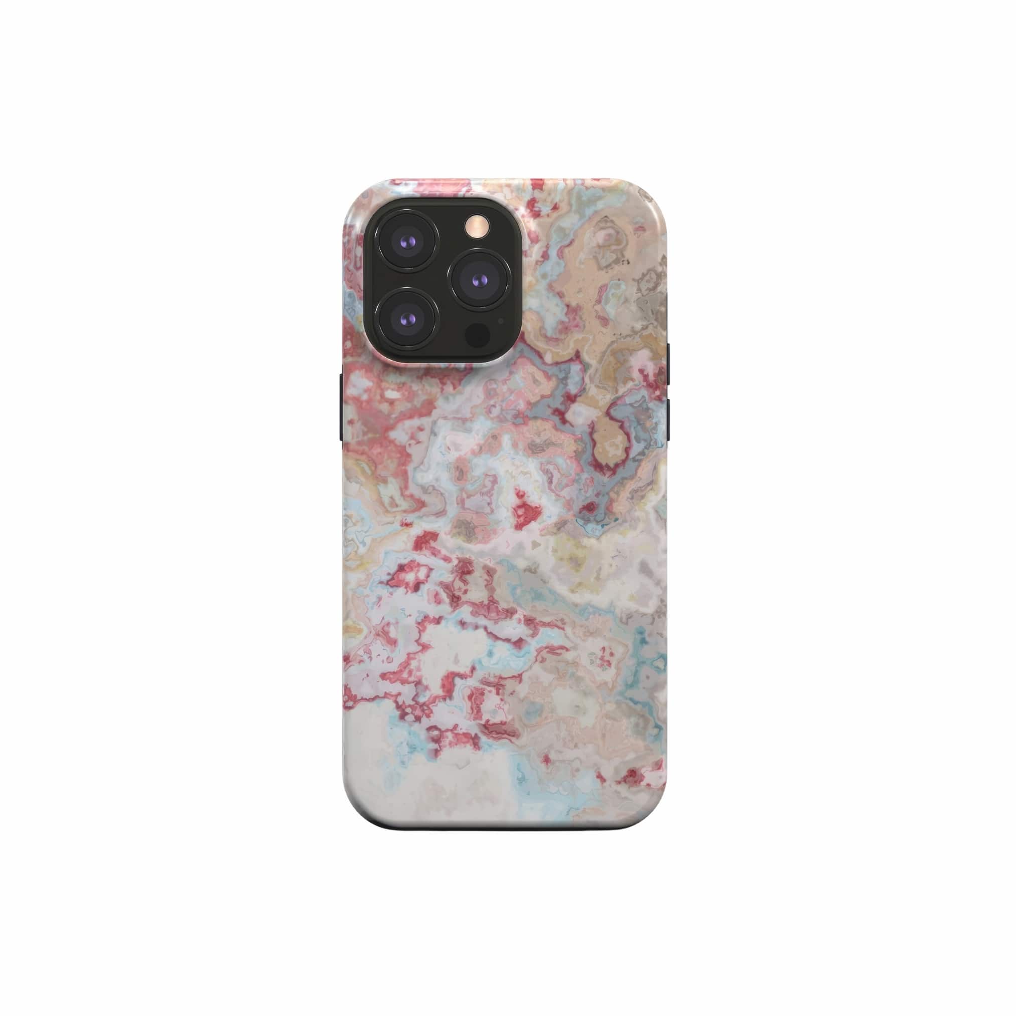 Tough magsafe phone case front view; Divine Blue 1 pattern, artistic, abstract marble pattern. Pink red and light blue color combination. Bold expressive aesthetic design. Colorful and interior fit. Elegant.