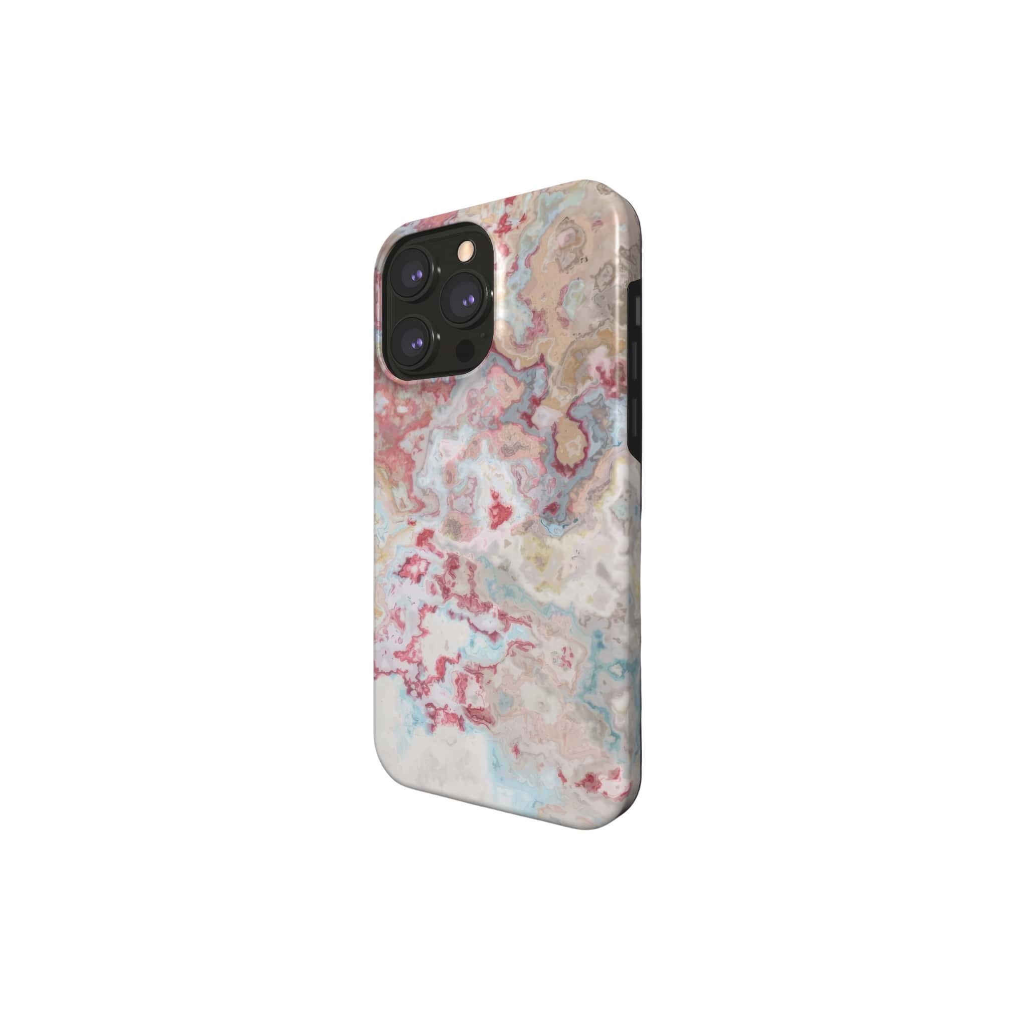 Tough magsafe phone case side view; Divine Blue 1 pattern, artistic, abstract marble pattern. Pink red and light blue color combination. 