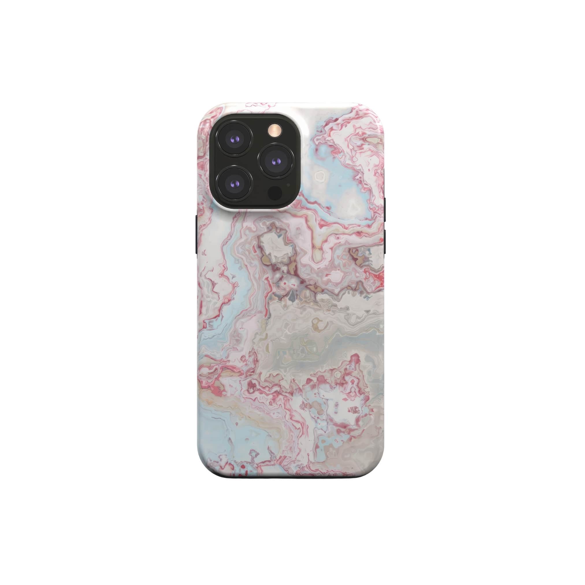 Tough magsafe phone case front view; Divine Blue 2 pattern, artistic, abstract marble pattern. Pink red and light blue color combination. Bold expressive aesthetic design. Colorful and interior fit. Elegant.