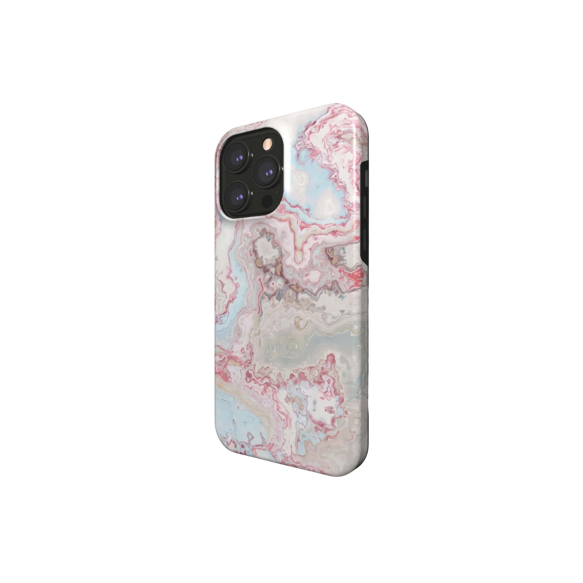 Tough magsafe phone case side view; Divine Blue 2 pattern, artistic, abstract marble pattern. Pink red and light blue color combination. 