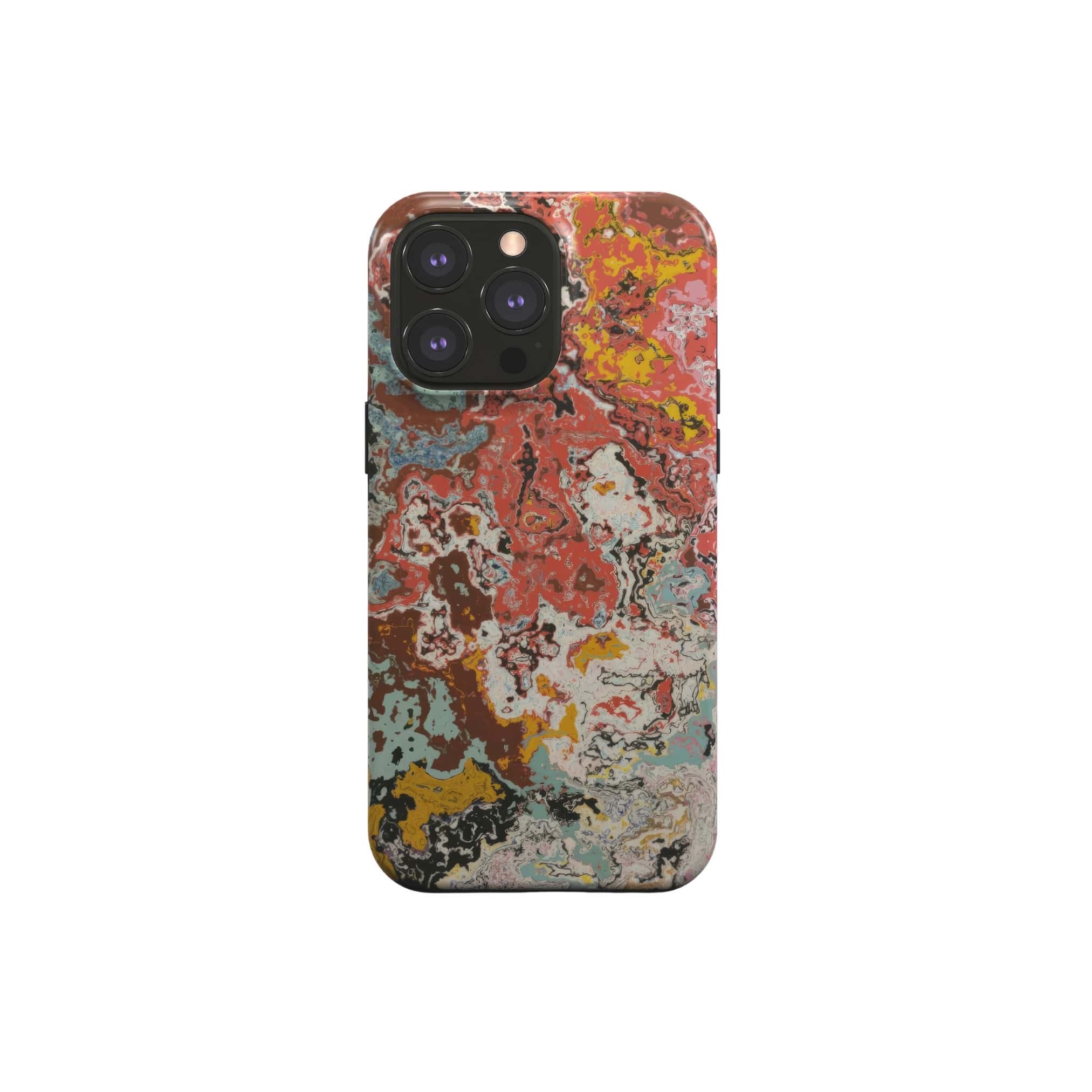 Tough magsafe phone case front view; Earth in Flux 1 pattern, artistic, abstract marble pattern. Brick red and light blue color combination. Bold expressive aesthetic design. Colorful and interior fit. Elegant.