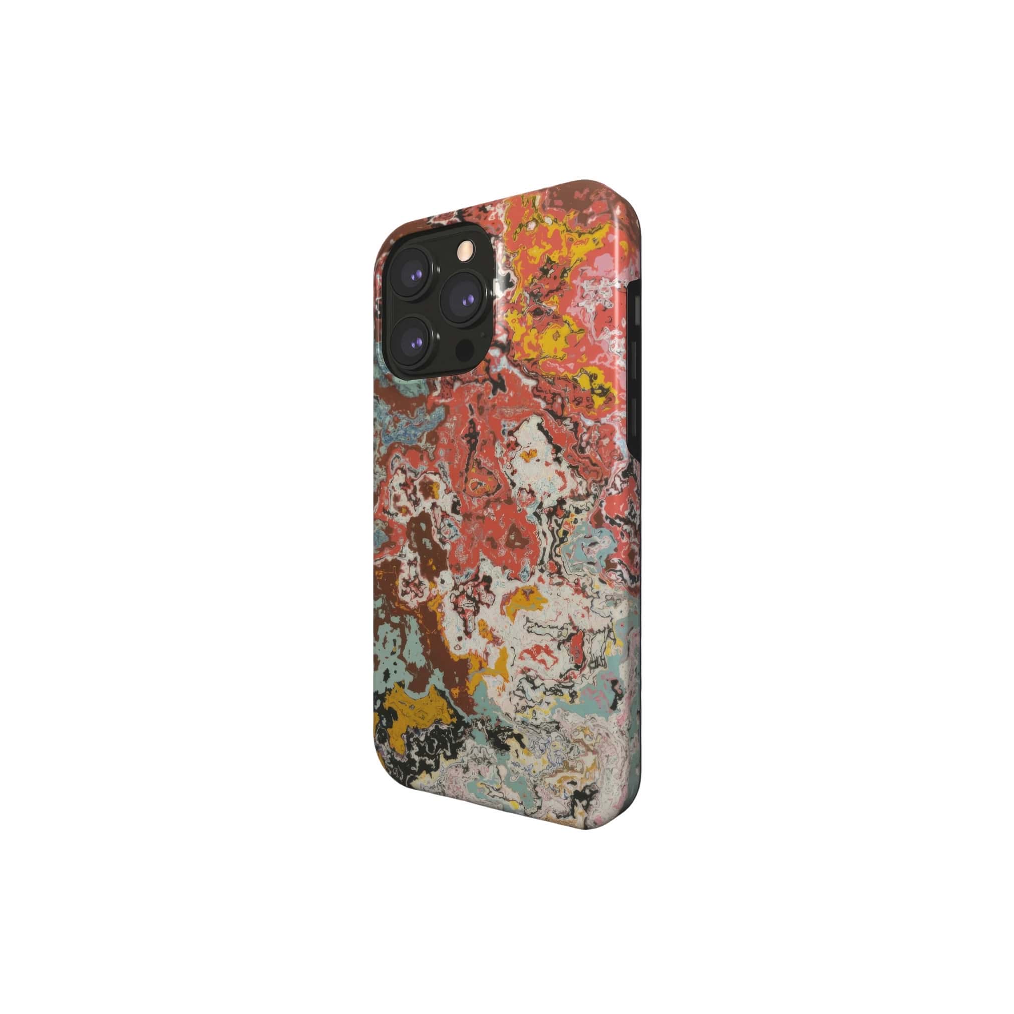 Tough magsafe phone case side view; Earth in Flux 1 pattern, artistic, abstract marble pattern. Brick red and light blue color combination. 