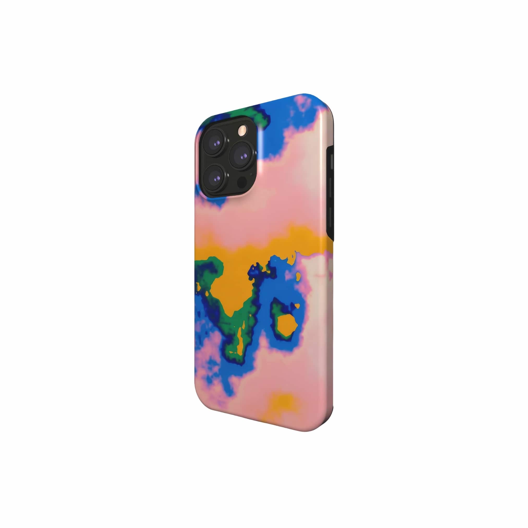 Tough magsafe phone case side view; Electricity 1 pattern, artistic, abstract marble pattern. Orange and light blue color combination. 