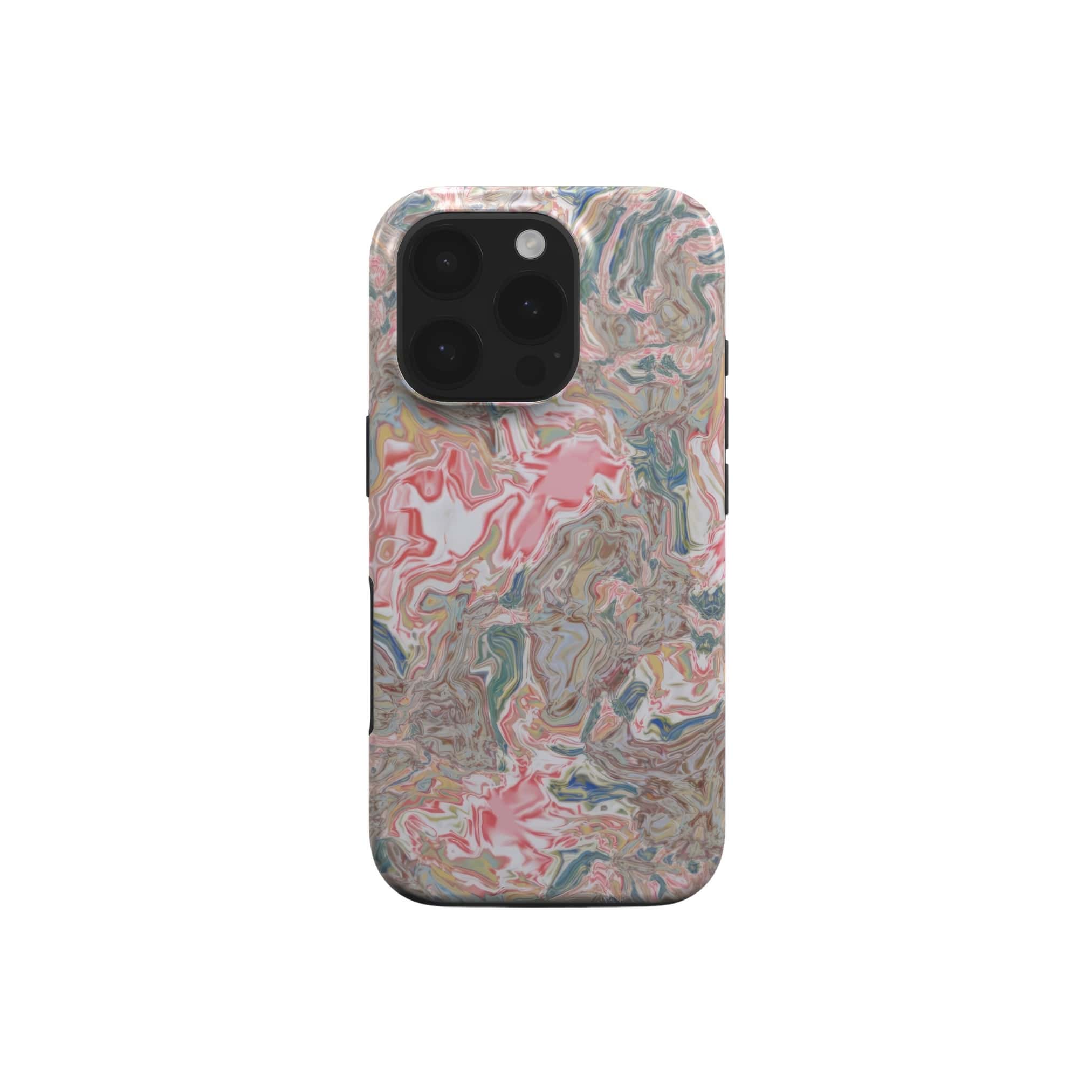 Magsafe Tough phone case front view; Feel Impress 1 pattern, artistic, abstract marble pattern. Pastel blue, green and red color combination. Inspired by impressionist art. Bold expressive aesthetic design. Colorful and interior fit. Elegant.