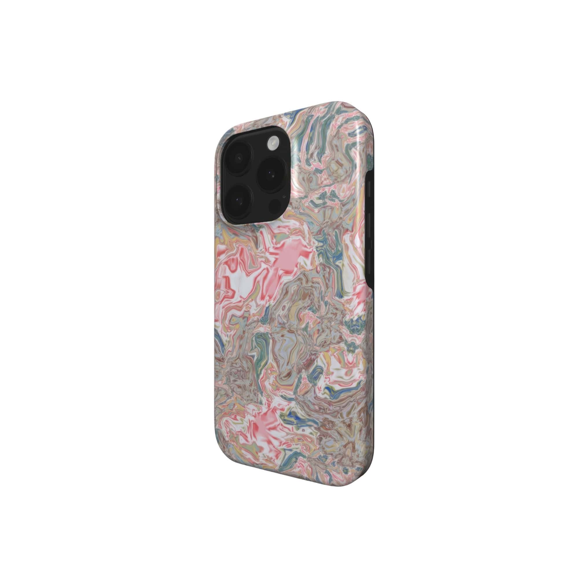 Magsafe Tough phone case side view; Feel Impress 1 pattern, artistic, abstract marble pattern. Pastel blue, green and red color combination. Inspired by impressionist art.