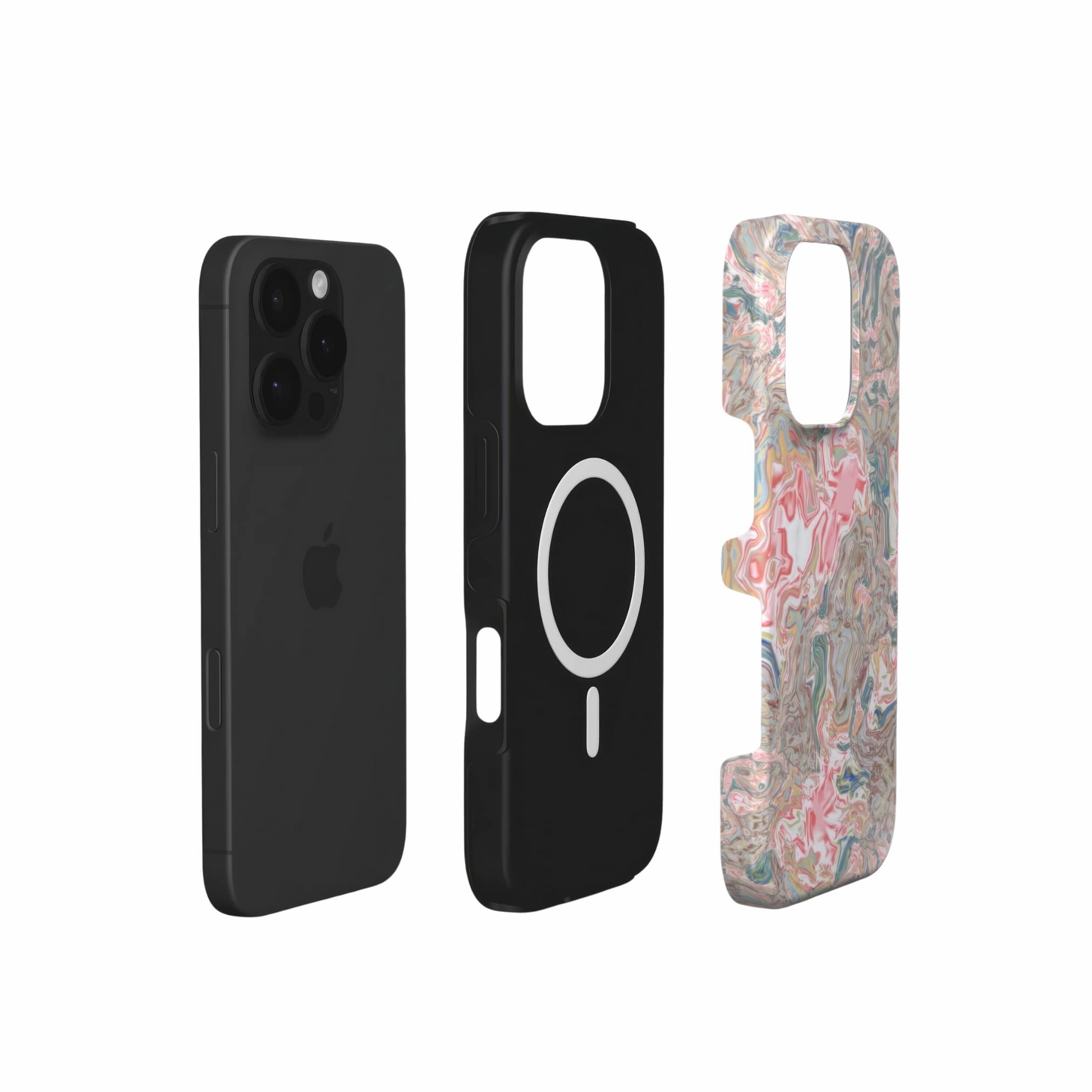 MagSafe Tough phone case extend view; Feel Impress pattern, artistic, abstract marble pattern. Pastel blue, green and red color combination. Inspired by impressionist art.