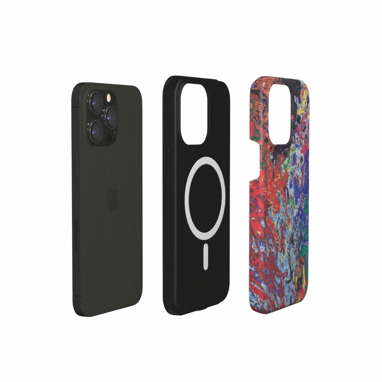MagSafe Tough phone case with a bold vivid pattern Graffiti Pulse abstract and artistic style, featuring an elegant and expressive aesthetic design. Main colors are red, blue, black and yellow. Extend view.