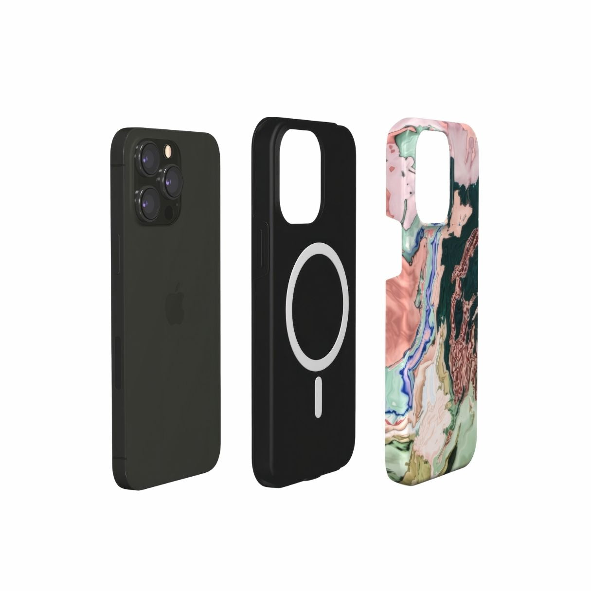 MagSafe Dual-layer tough phone case with a bold vivid pattern Green Not Grass abstract and artistic style, featuring an elegant and expressive aesthetic design. Main colors are green and pink hues. Extend view.