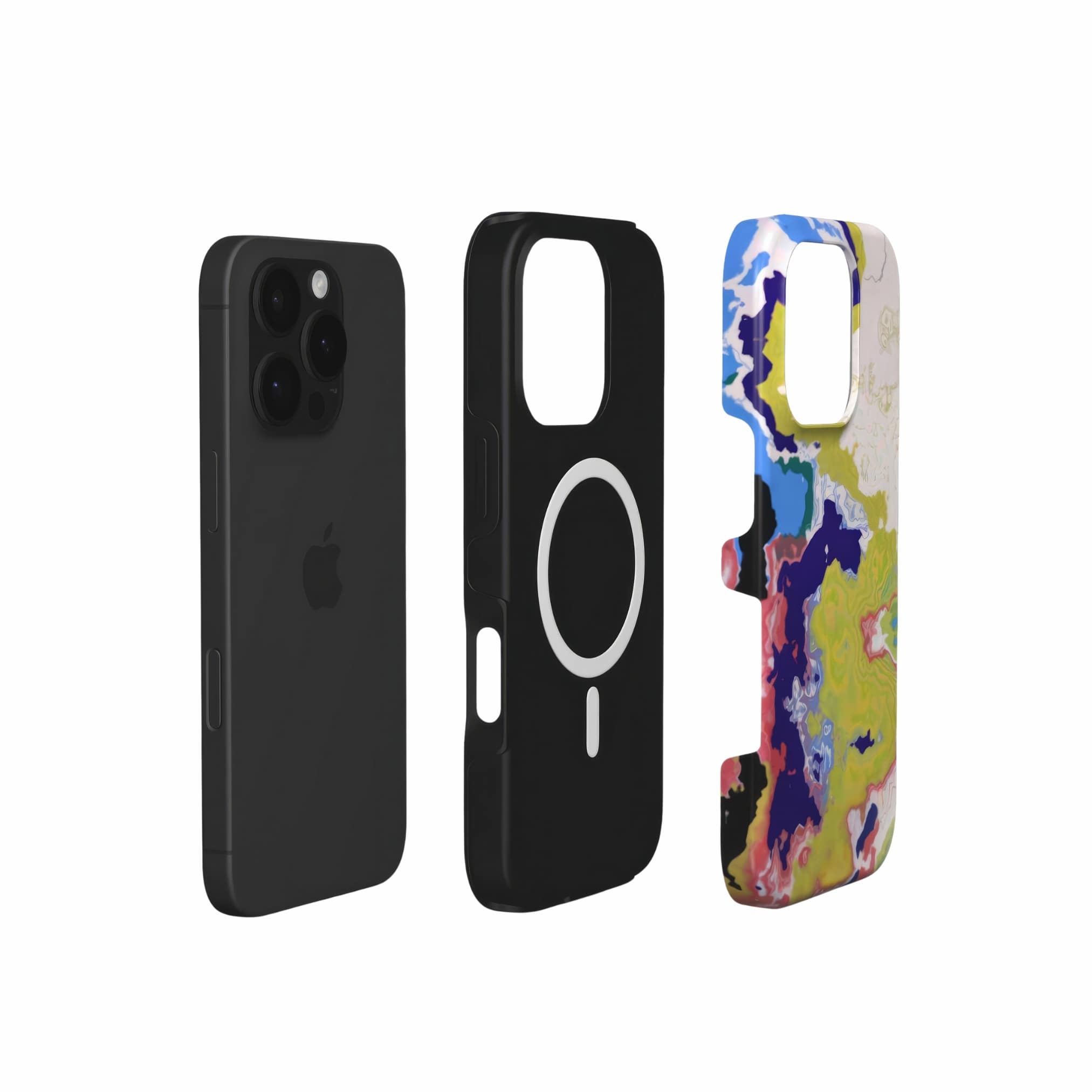 Tough MagSafe phone case extend view; Jamaica pattern, artistic, abstract marble pattern. Dark blue, yellow and white color combination.