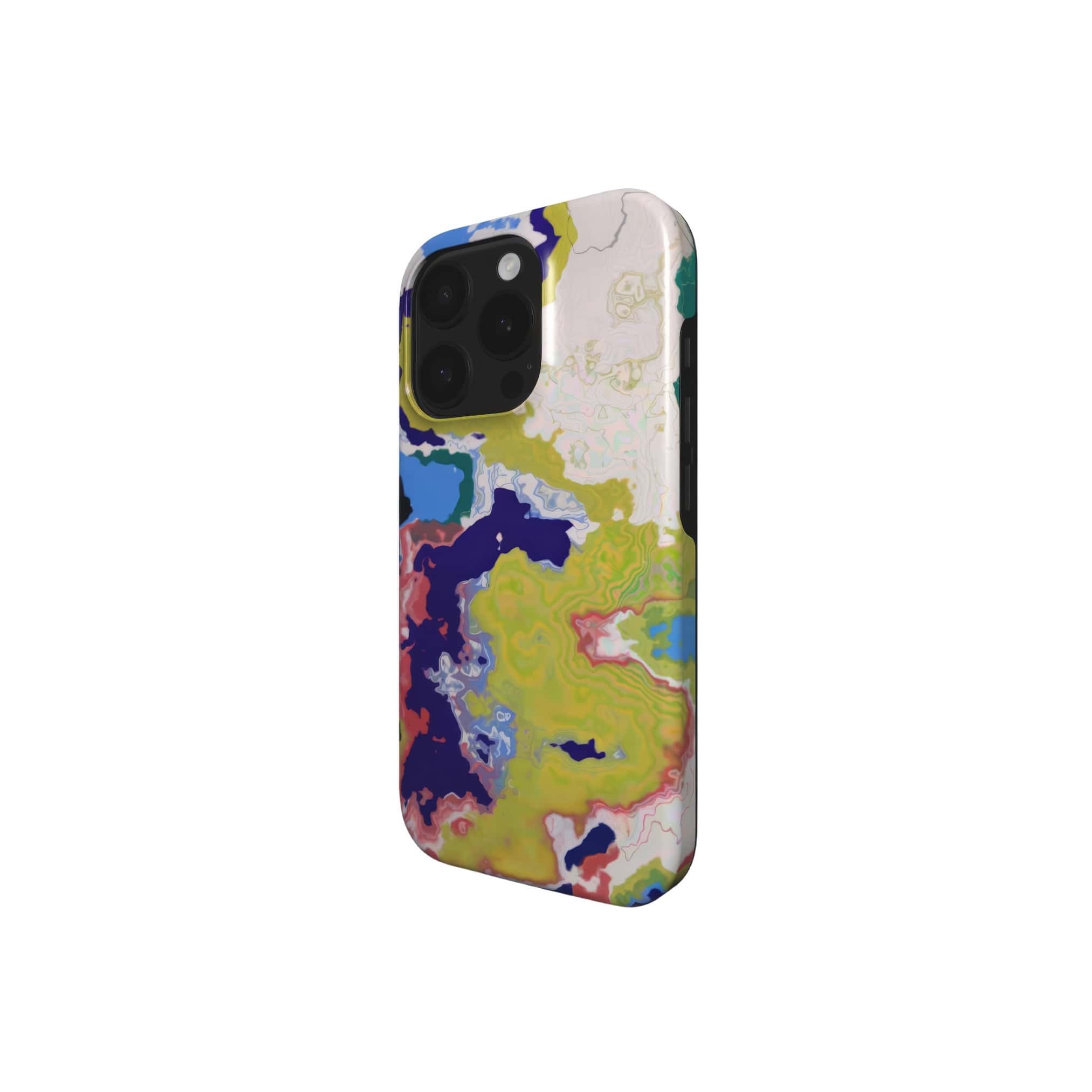 Tough MagSafe phone case side view; Jamaica pattern, artistic, abstract marble pattern. Dark blue, yellow and white color combination.